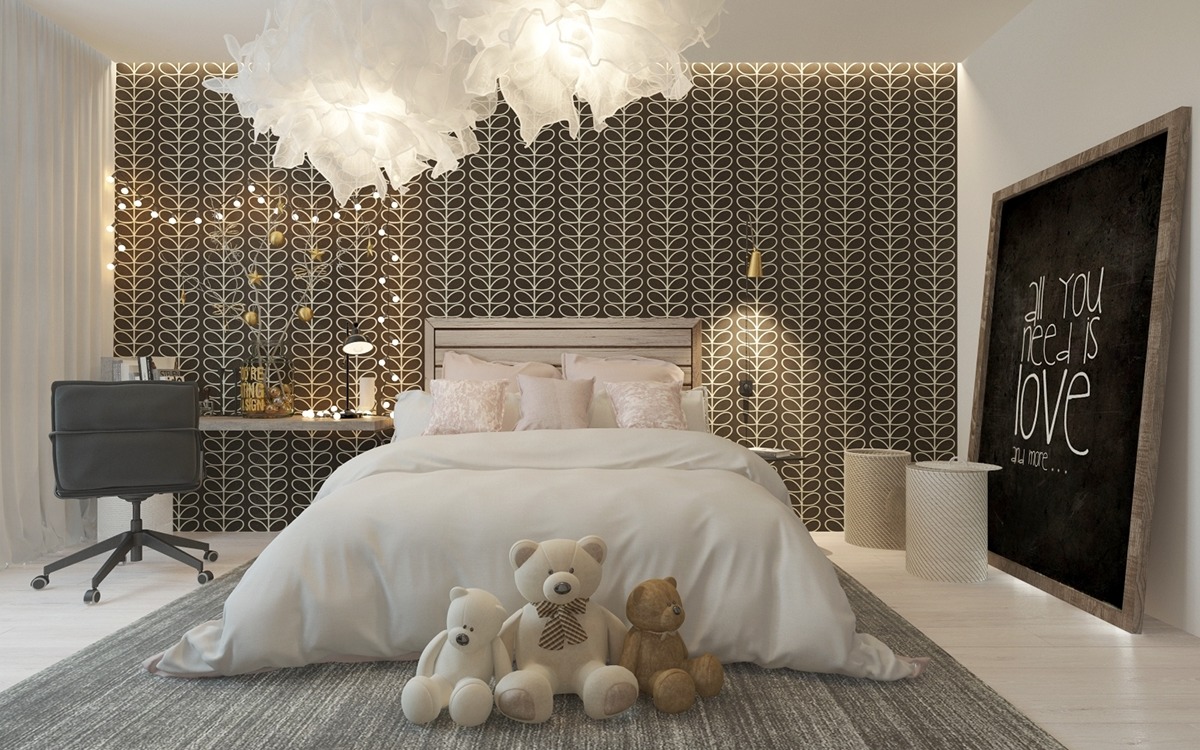 Phòng ngủ con gái tuổi teen được trang trí dễ thương với bộ ga gối êm ái, tường đầu giường màu đen họa tiết nhẹ nhàng tạo chiều sâu cho không gian.