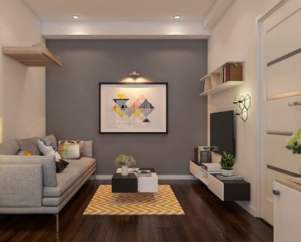 Phòng khách hiện đại, bài trí nội thất tối giản với những điểm nhấn màu vàng chanh nổi bật trên phông nền trung tính chủ đạo.