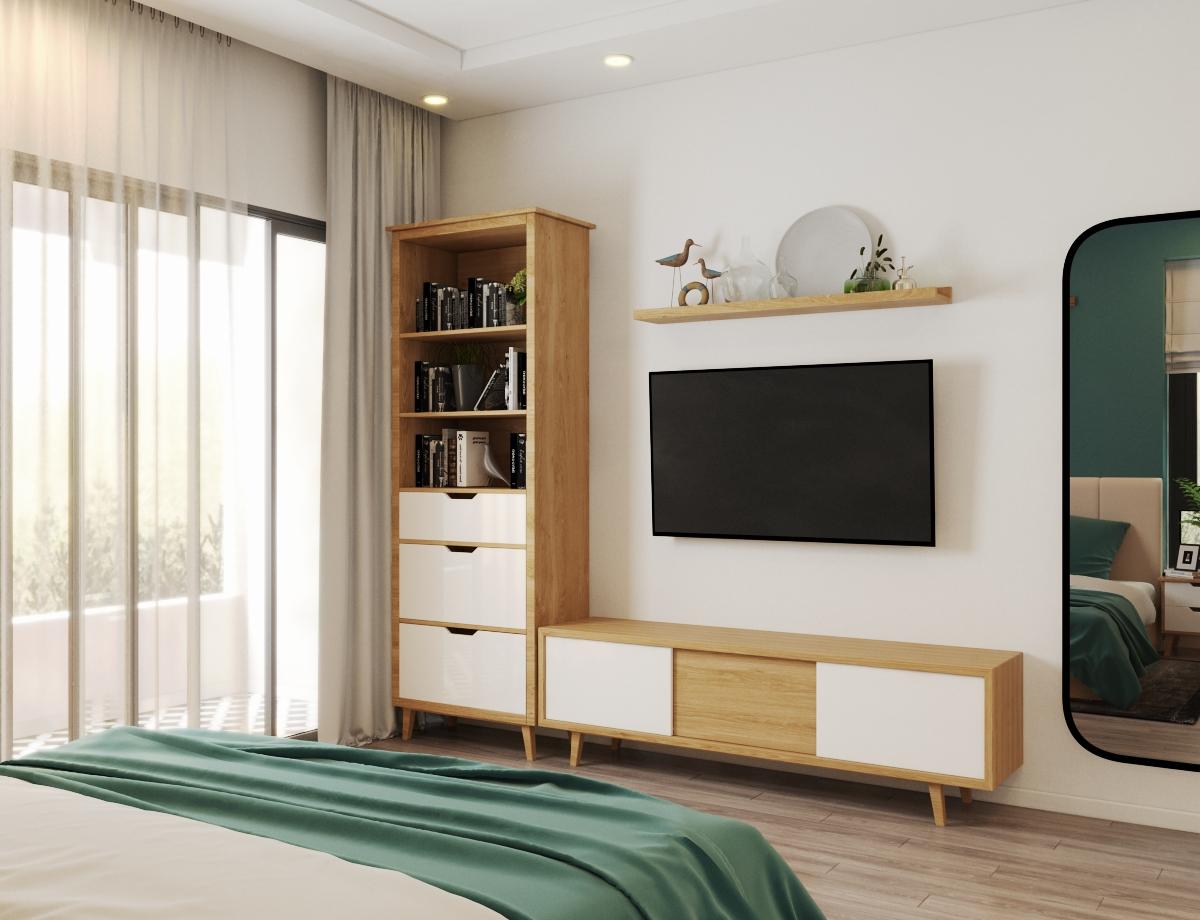 Tủ kệ tivi trong phòng ngủ được thiết kế tương tự ở phòng khách, tạo sự thống nhất, đồng điệu cho tổng thể không gian căn hộ.