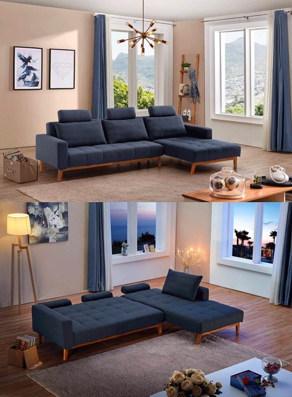 Mẫu giường sofa "2 trong 1" với khung gỗ thanh thoát mà chắc chắn. Tông màu xanh lam của ghế giúp tăng chiều sâu cho không gian.