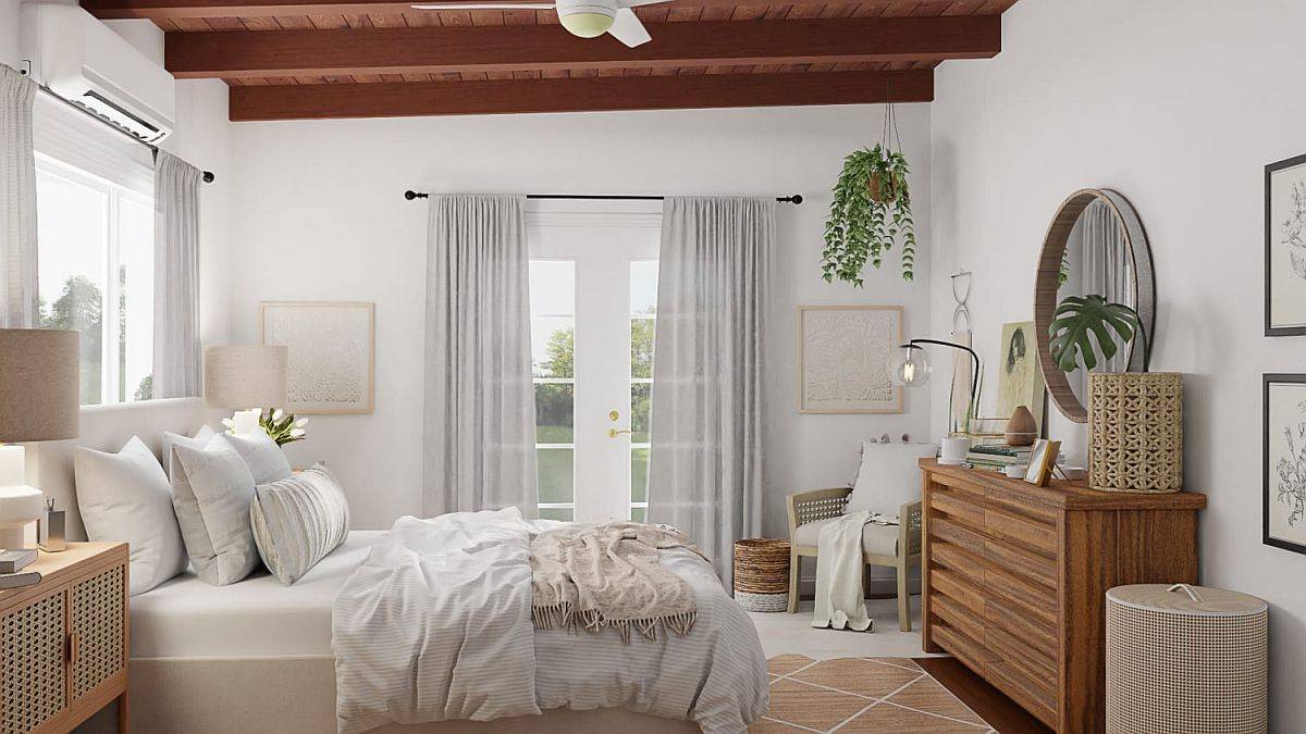 Phòng ngủ hiện đại với bảng màu trung tính chủ đạo kết hợp nội thất làm từ vật liệu tự nhiên thân thiện, tạo cảm giác thư giãn thoải mái cho người dùng. 