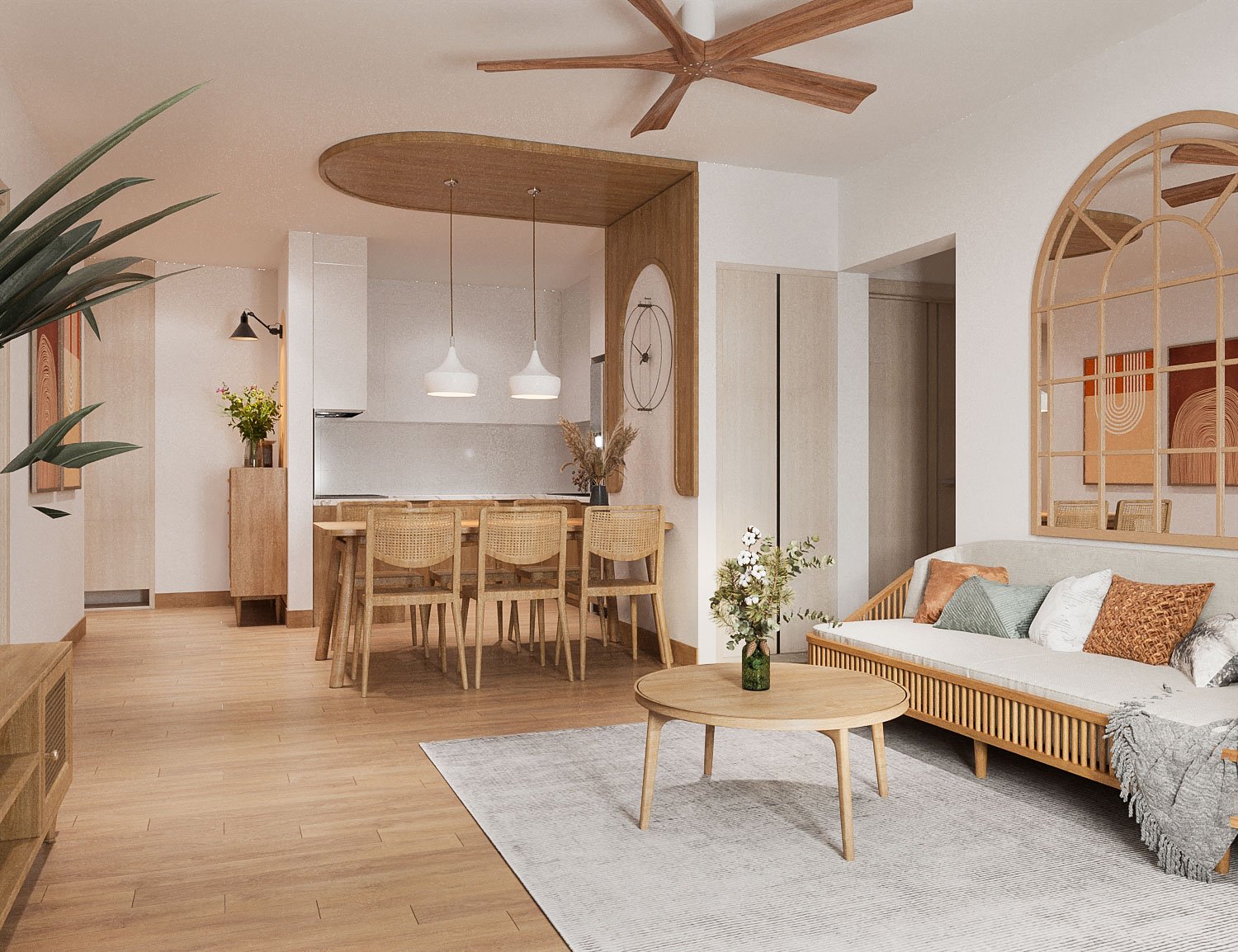 Tất cả các phòng chức năng trong căn hộ 73m2 đều sử dụng nội thất gỗ tông màu sáng ấm áp, kiểu dáng nhỏ gọn, thanh thoát tạo cảm giác thư thái, dễ chịu cho người dùng.