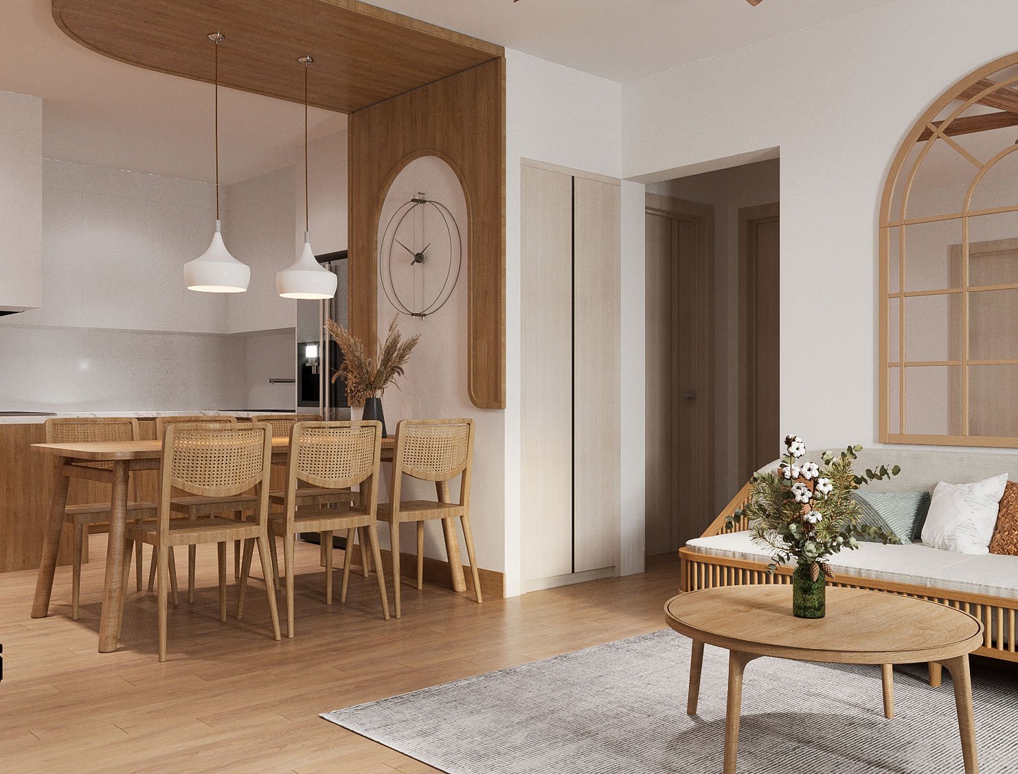 Dễ dàng nhận thấy, trong căn hộ này, kiến trúc sư sử dụng nhiều chi tiết hình vòm, từ lối vào, phòng khách, đến bếp - ăn mang lại cảm giác mềm mại, nhẹ nhàng.