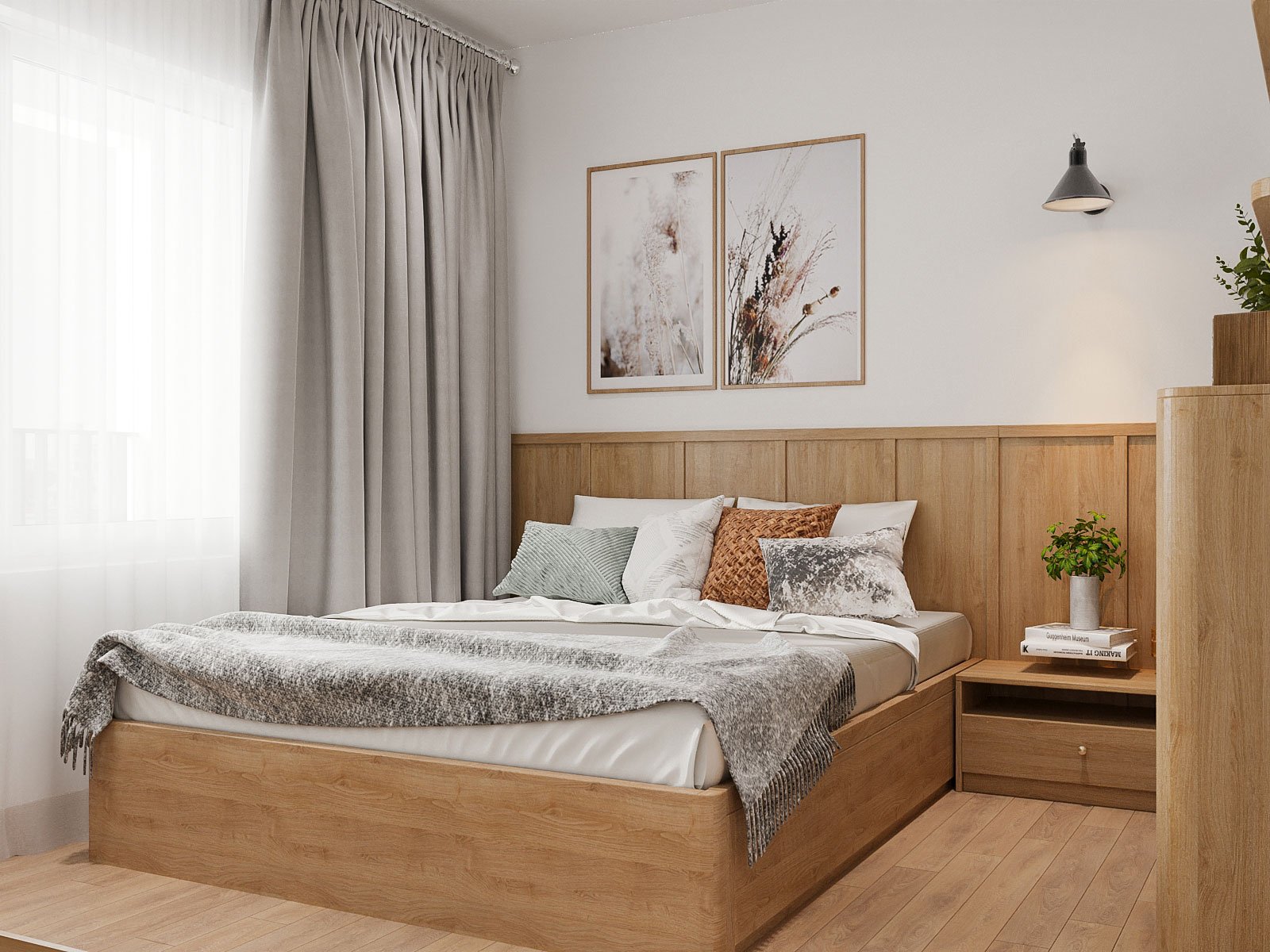 Nội thất gỗ trong phòng ngủ được đóng theo bộ, đảm bảo vừa vặn với kích thước phòng, giúp tối ưu hóa diện tích sử dụng trong các căn hộ nhỏ, trung bình.