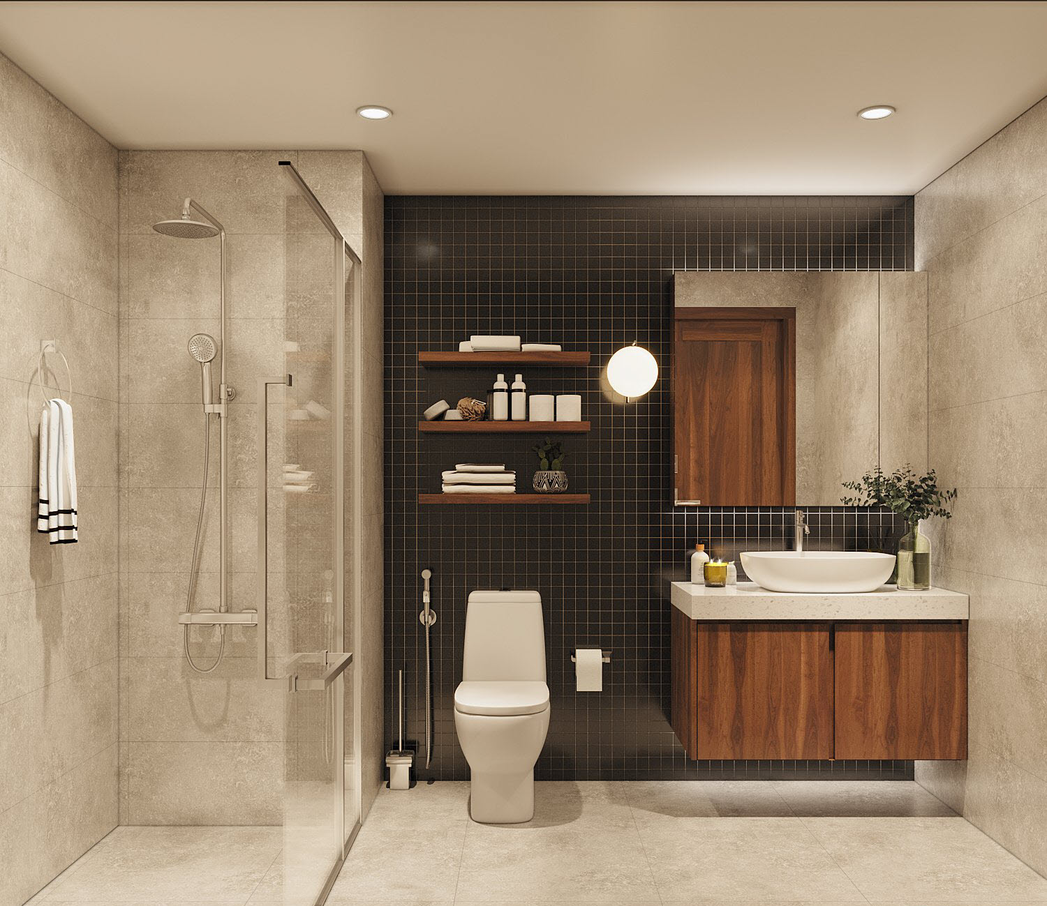 Phòng tắm, vệ sinh thiết kế đơn giản mà ấn tượng với mảng tường ốp gạch thẻ màu đen giúp gia tăng chiều sâu cho căn phòng.