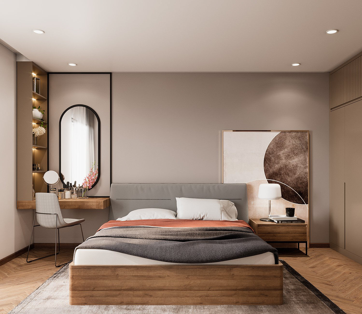 Phòng ngủ master được thiết kế với gam màu sáng nhẹ nhàng, decor đơn giản mà tinh tế, hấp dẫn với gương bầu dục gắn tường kết hợp cùng tranh tường nghệ thuật trừu tượng.