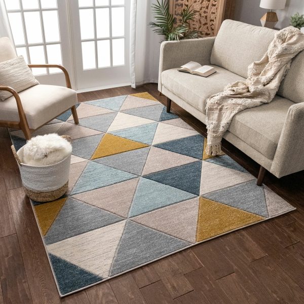 Thảm nỉ trải sàn phòng khách họa tiết tam giác màu sắc như một điểm nhấn tươi vui, ấm áp cho không gian chức năng này.