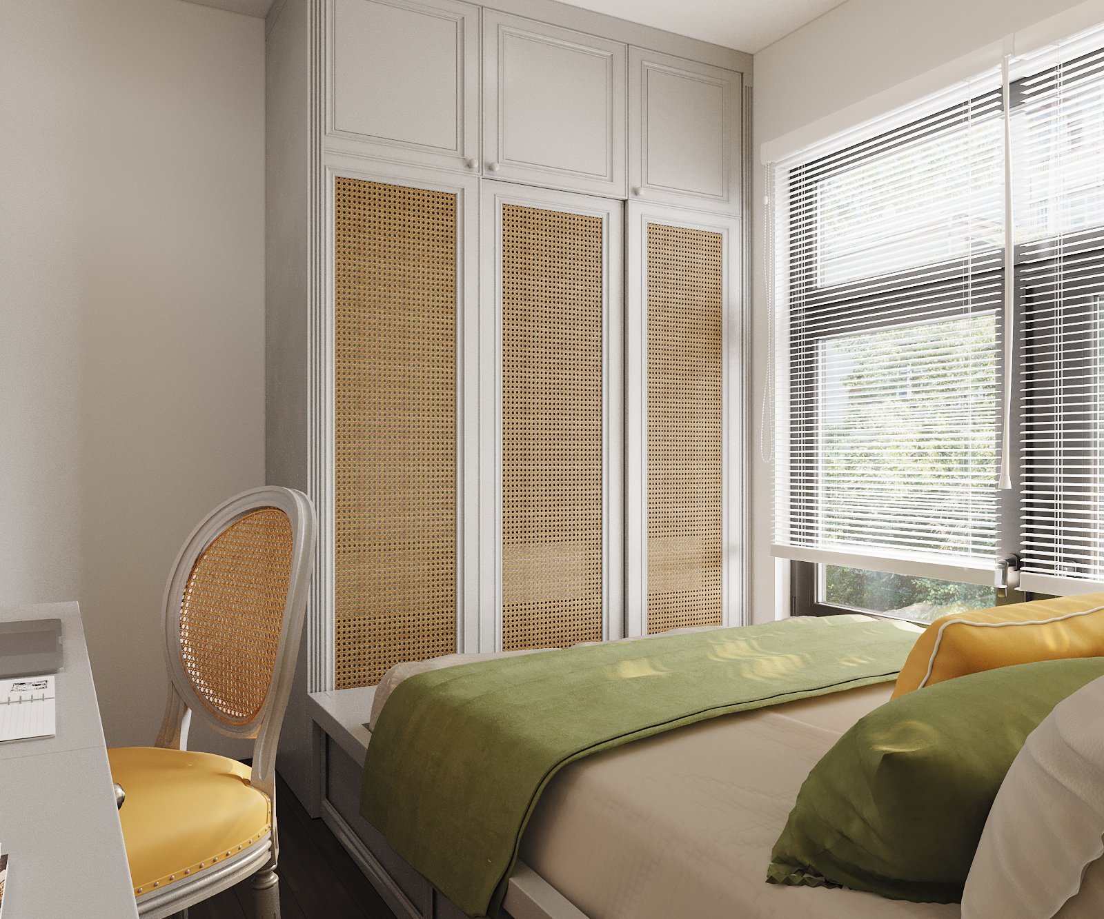 Cửa sổ kính cao rộng mang đến ánh sáng tự nhiên ngập tràn cho không gian phòng ngủ nhỏ, giúp tôn lên vẻ đẹp của đường nét thiết kế nội thất.
