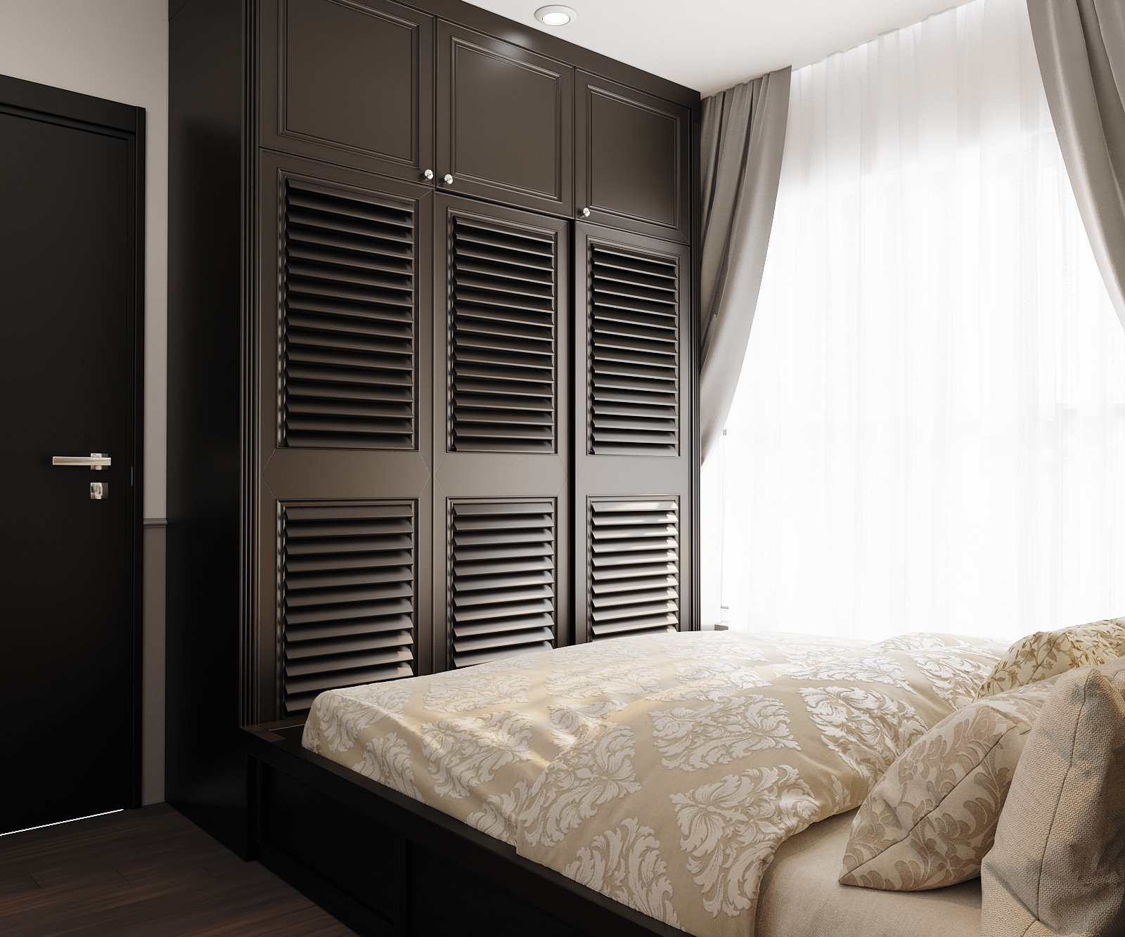 Giường ngủ và tủ quần áo cao kịch trần cùng tông màu, chất liệu tạo thành một khối thống nhất, gọn gàng, phù hợp với các phòng ngủ trong căn hộ diện tích trung bình.