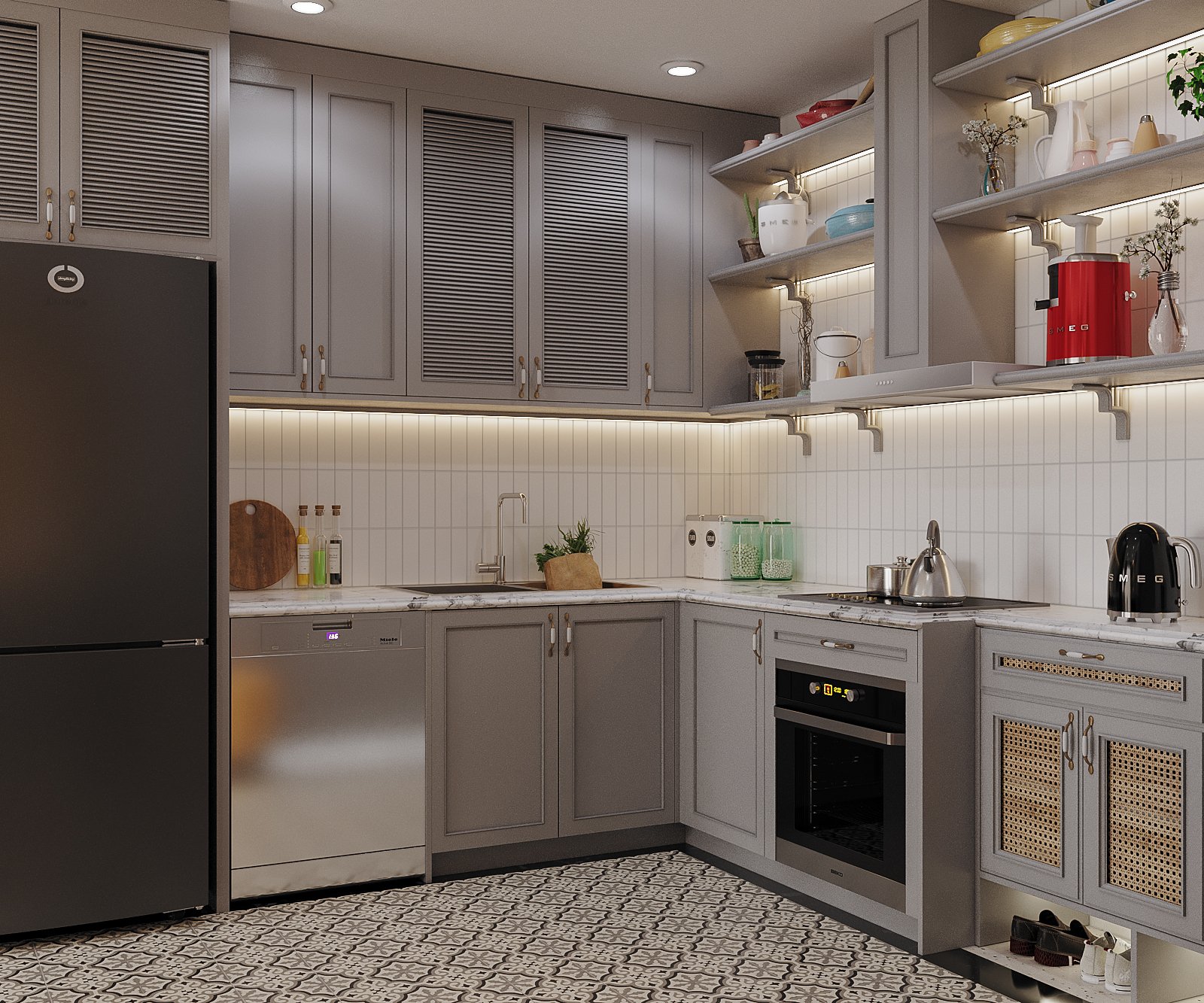 Không gian nấu nướng được thiết kế với đầy đủ tiện ích hiện đại, tủ kệ lưu trữ thoải mái, cực kỳ tiện dụng, phục vụ sở thích làm bánh của nữ chủ nhân.
