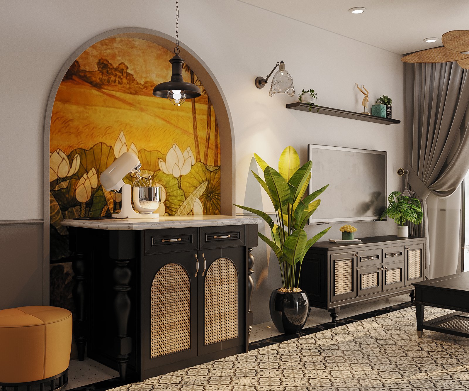 Tranh tường hoa sen vẽ gọn trong khung vòm tạo điểm nhấn ở không gian chuyển tiếp giữa phòng khách và khu bếp nấu phía trong.