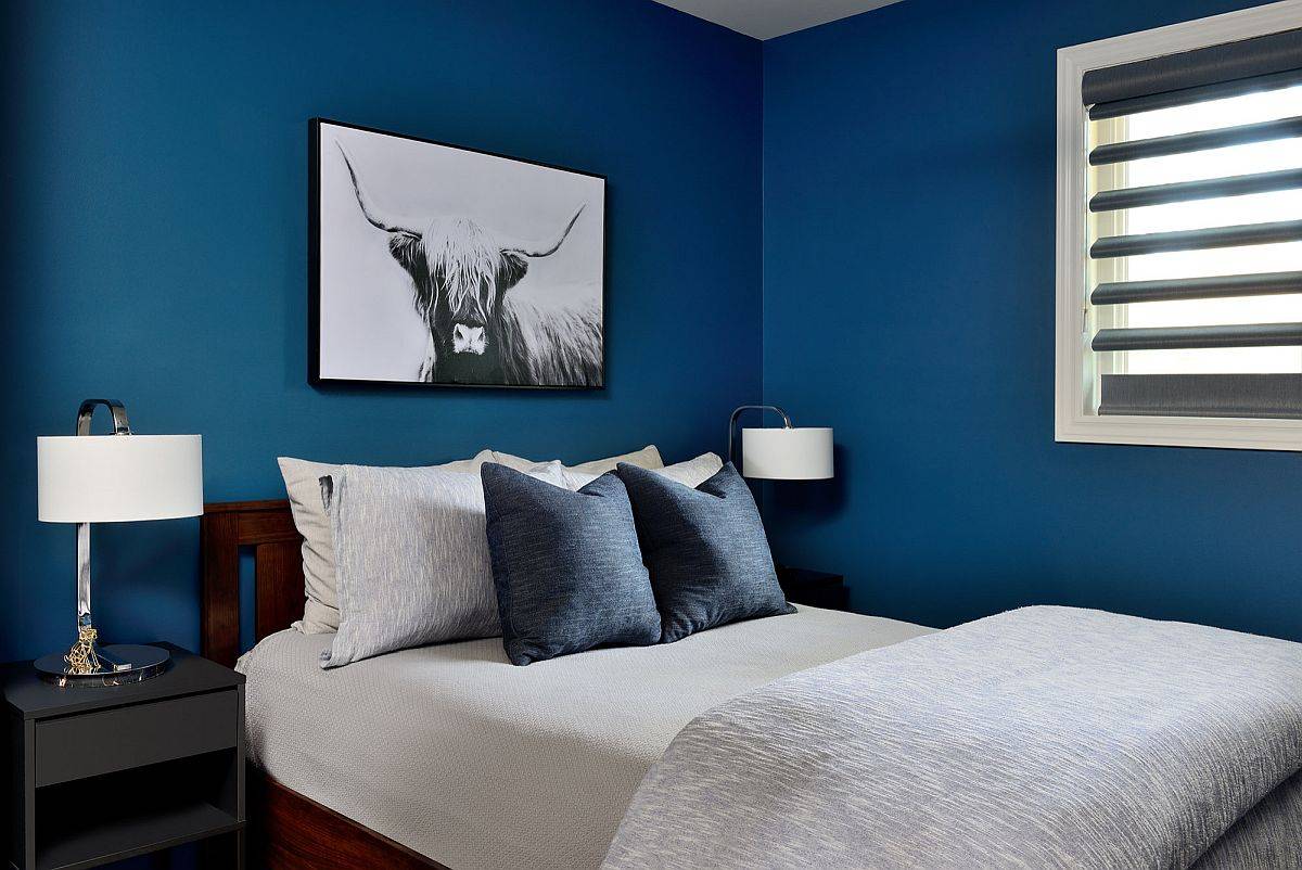 Phòng ngủ nhỏ hiện đại với màu xanh nước biển đậm là phông nền hoàn hảo cho tranh treo tường sắc đen - trắng trở nên hút mắt hơn.
