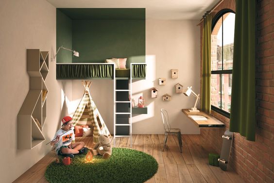 Phòng ngủ của cậu con trai được thiết kế khá độc đáo với sắc xanh lá tạo điểm nhấn.