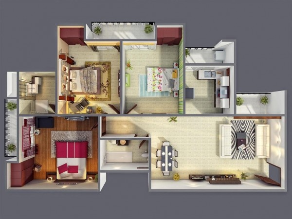 Trong mẫu thiết kế căn hộ đẹp này, 3 phòng ngủ được thiết kế theo phong cách riêng, từ cách xử lý sàn đến lớp phủ tường, khuyến khích thể hiện dấu ấn cá nhân.