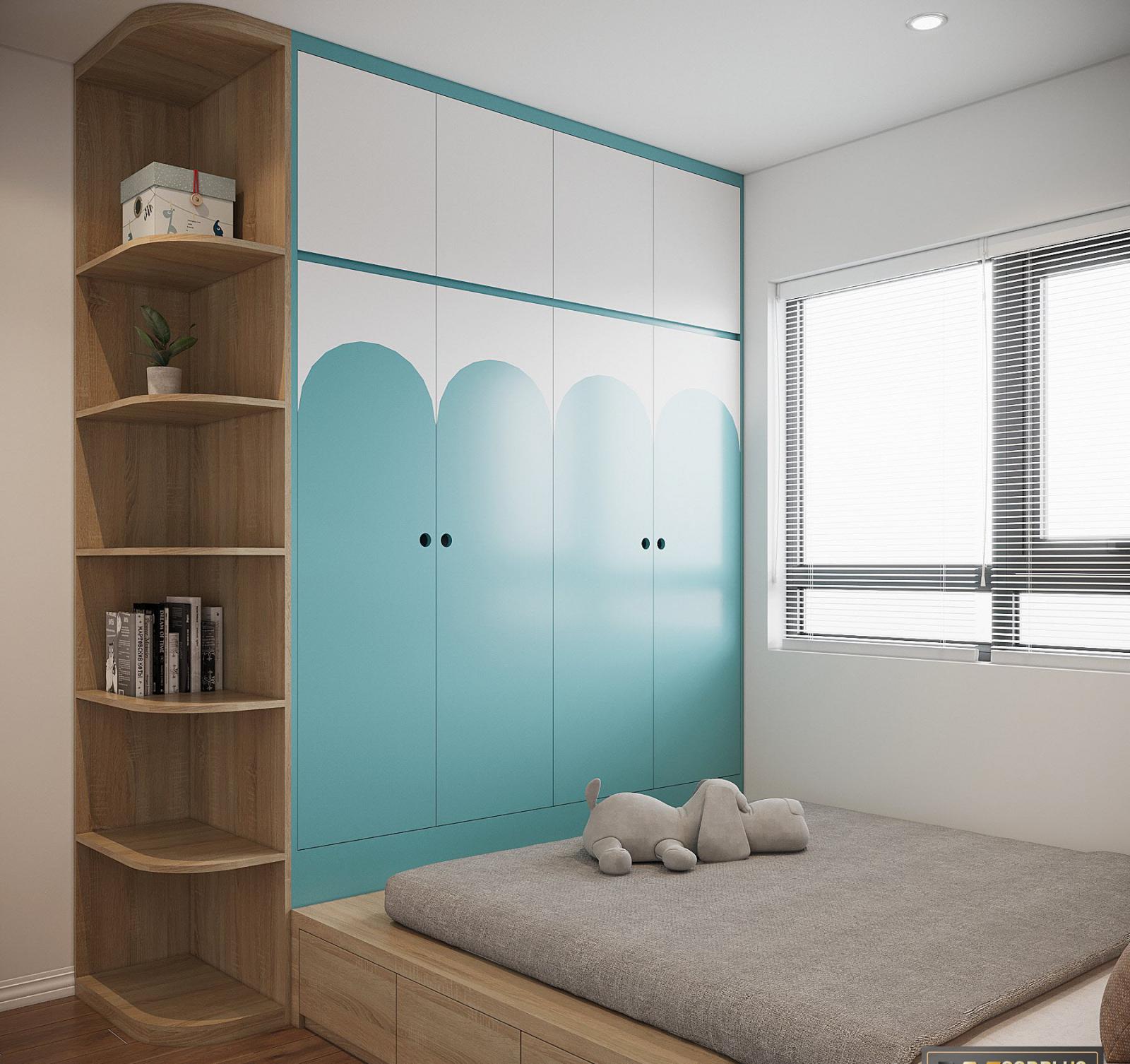 Tủ quần áo sơn màu xanh dương dịu mát, kết hợp hài hòa với nội thất gỗ.