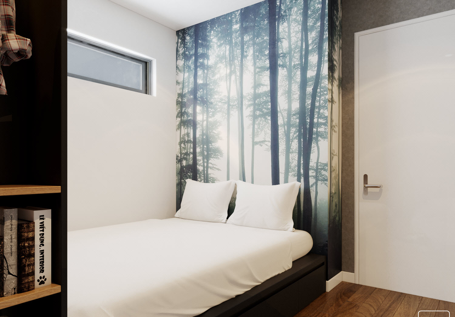 hình ảnh phòng ngủ với tường màu trắng, chăn gối màu trắng, tường đầu giường trang trí rừng cây 