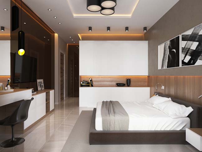 Mẫu phòng ngủ master hiện đại, đầy đủ tiện ích được thiết kế với bảng màu trung tính chủ đạo, mang lại cảm giác thư giãn cho người dùng.
