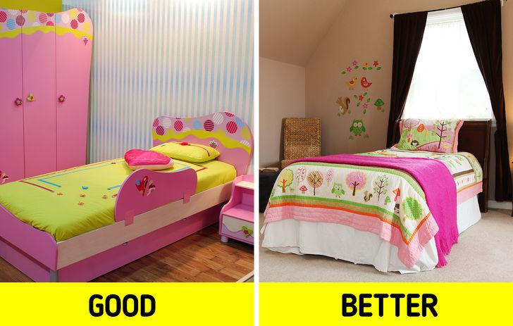 Tường phòng ngủ trẻ em nên có màu trung tính chủ đạo để ga gối, tranh ảnh tạo điểm nhấn trang trí trở nên nổi bật hơn.