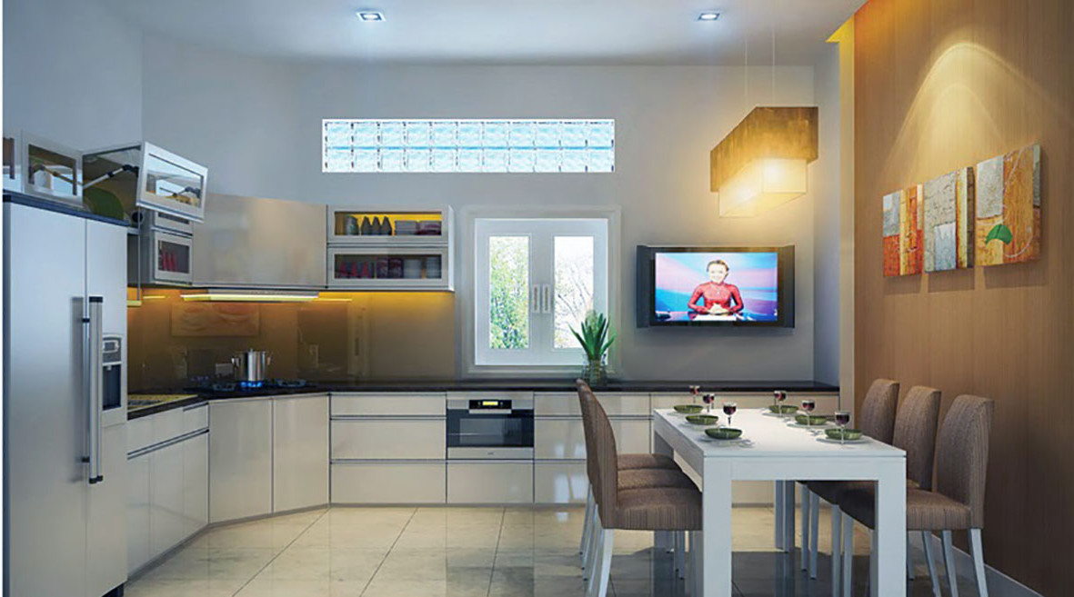 Phòng bếp ăn rộng rãi, sạch sẽ với khung cửa sổ kính đón sáng tự nhiên, góp phần lưu thông không khí hiệu quả.