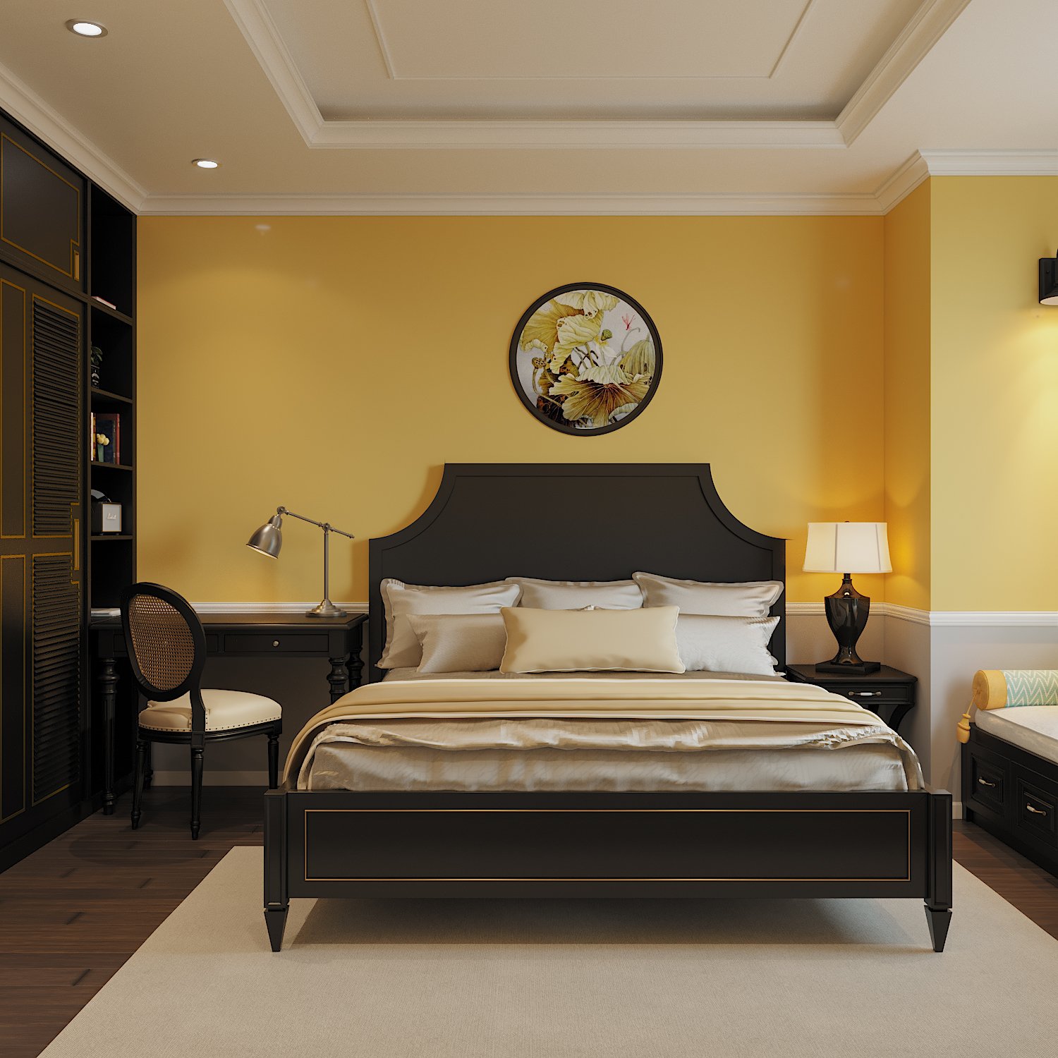Phòng ngủ thứ hai được bài trí với tông màu vàng - đen kết hợp ăn ý, gợi nhớ về những ngôi nhà xưa ấm cúng.