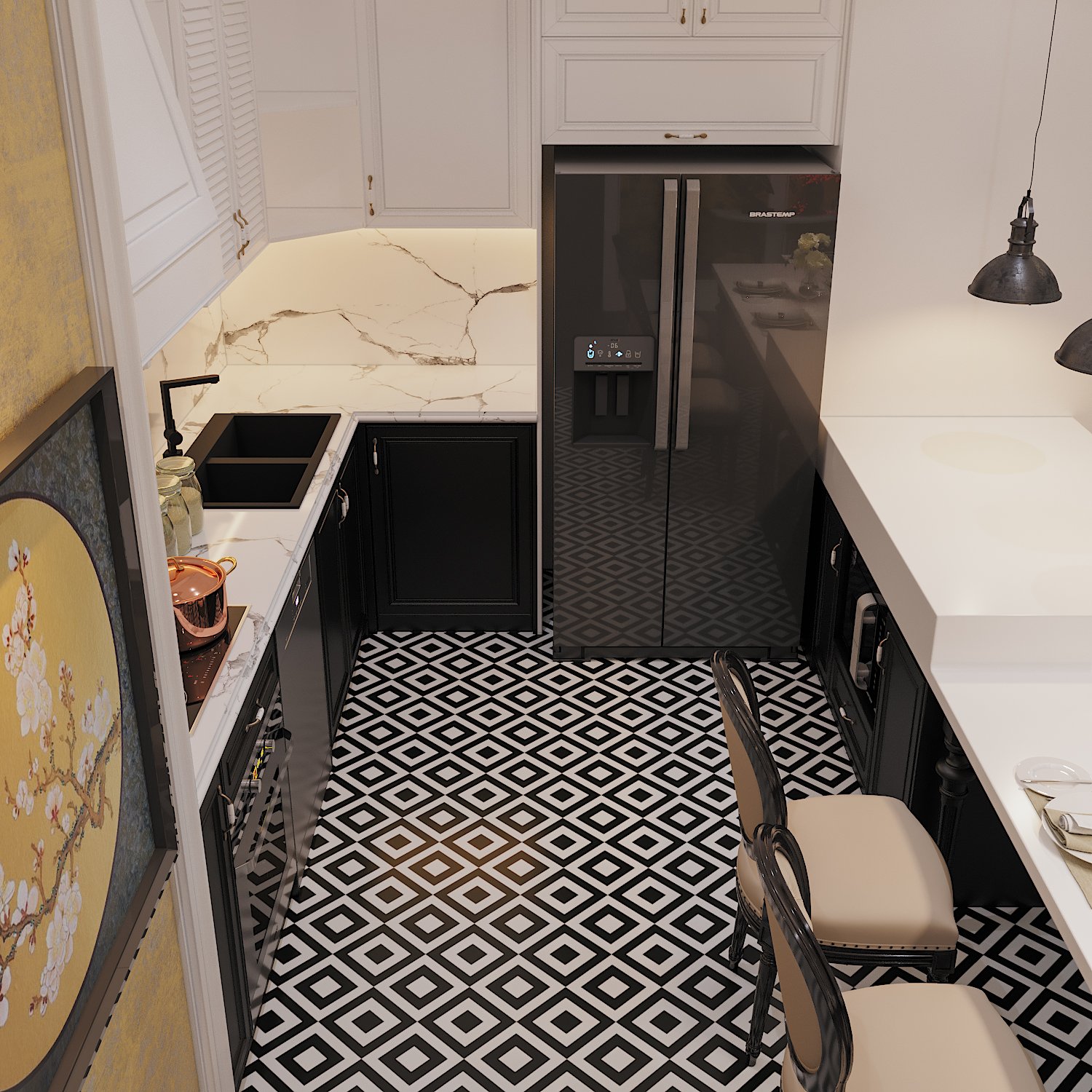 Tủ bếp dưới màu đen tuyền kết hợp hài hòa với gạch lát sàn giúp gia tăng chiều sâu cho không gian nấu nướng.
