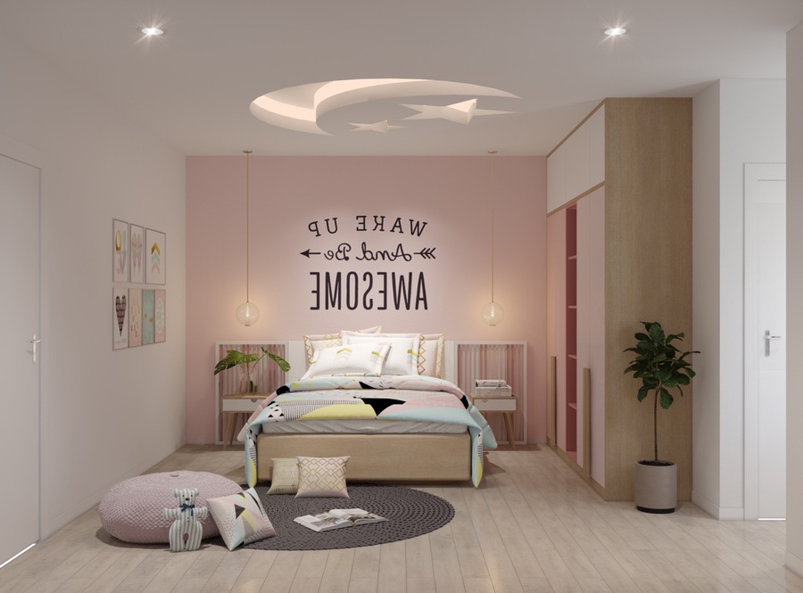 Phòng ngủ của cô con gái được bài trí với tông màu trắng chủ đạo, bức tường màu hồng pastel tạo điểm nhấn tinh tế đầu giường.