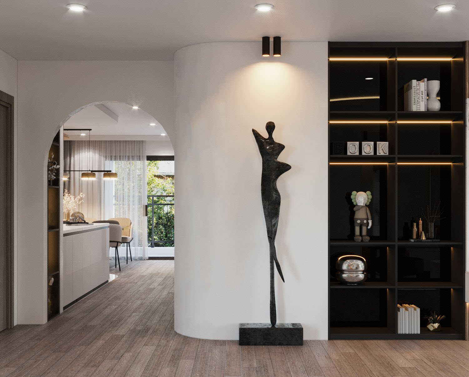 Tượng điêu khắc nghệ thuật tạo điểm nhấn cho khu vực hành lang, không gian chuyển tiếp giữa phòng khách và khu bếp - phòng ăn bên trong.