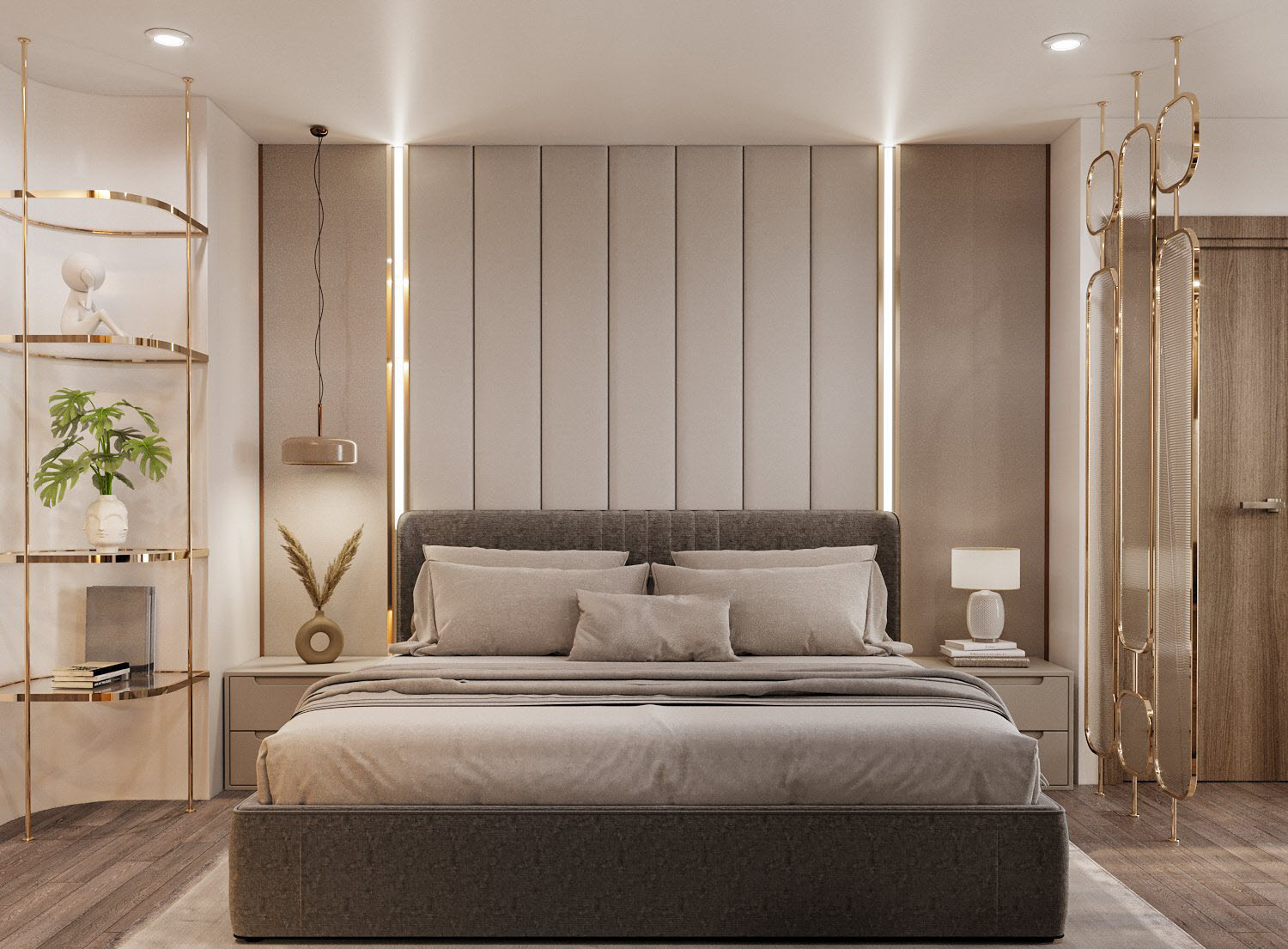 Phòng ngủ master sang chảnh dành cho chủ nhân căn hộ 150m2. Giá kệ và vách ngăn khung kim loại mạ đồng sáng bóng sang trọng.