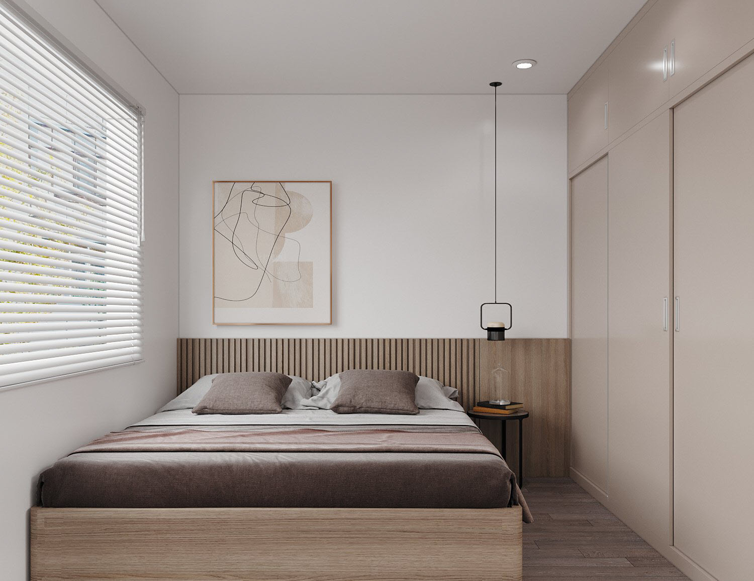 Phòng ngủ thứ ba có diện tích và thiết kế nội thất tương tự. Tông màu trung tính nhã nhặn và lối bài trí nhẹ nhàng, tinh tế tạo nên sức hút cho căn phòng.
