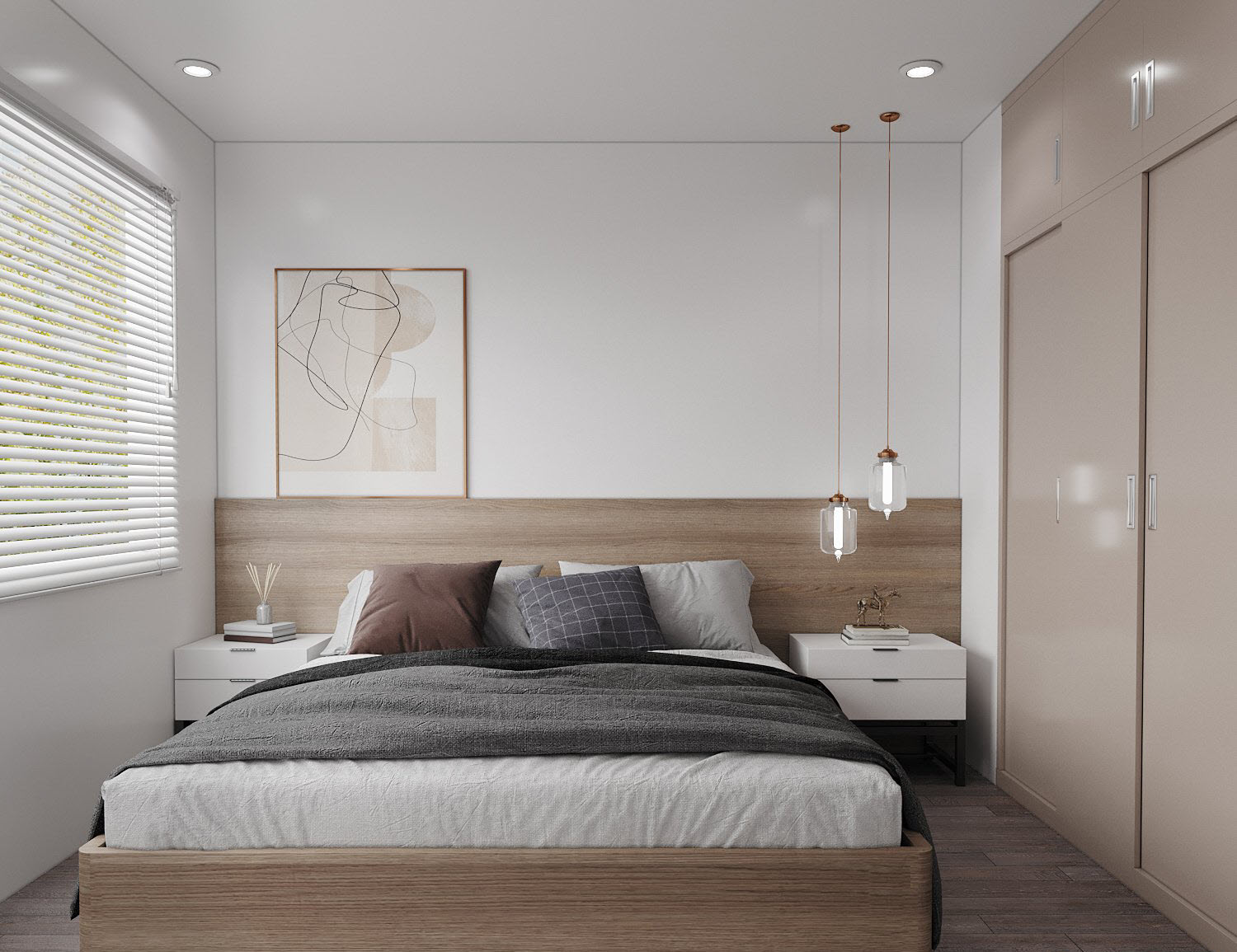 Phòng ngủ thứ hai có diện tích vừa phải, đủ để bố trí những tiện ích thiết yếu. Căn phòng được thiết kế theo phong cách hiện đại, tối giản đẹp mắt.
