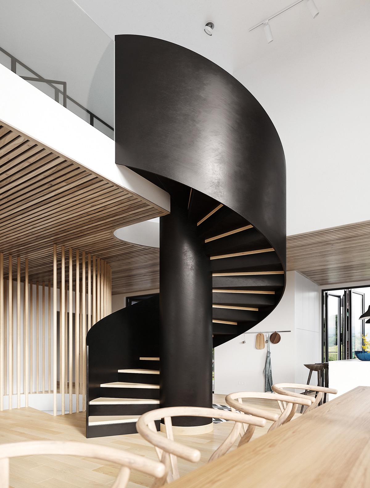 Bậc thang bằng gỗ màu sáng tạo sự tương phản hút mắt với phông nền cầu thang màu đen.