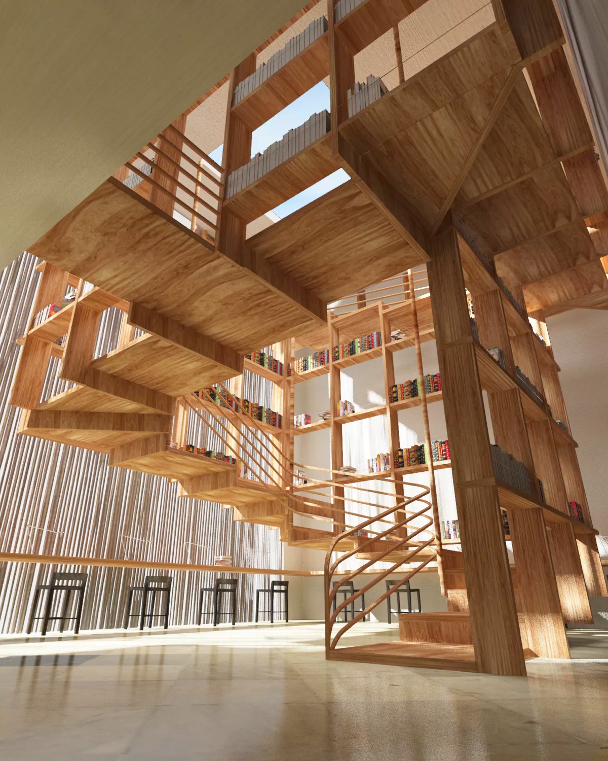 Cầu thang xoắn ốc có khung bằng gỗ tích hợp giá sách khổng lồ.
