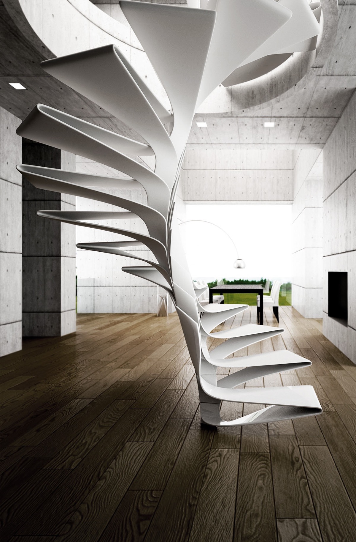 Cầu thang làm bằng kim loại màu trắng, kiểu dáng ấn tượng, mang lại tầm nhìn toàn cảnh.