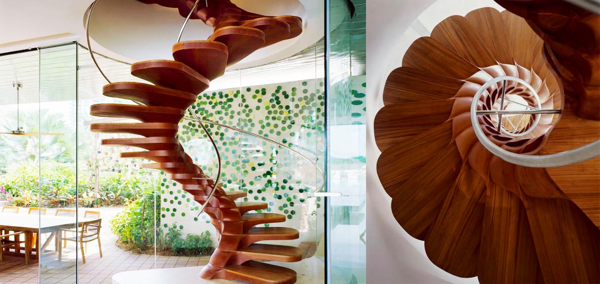 Thiết kế cầu thang gỗ xoắn ốc với các bậc thang tựa như cánh hoa khoe sắc.