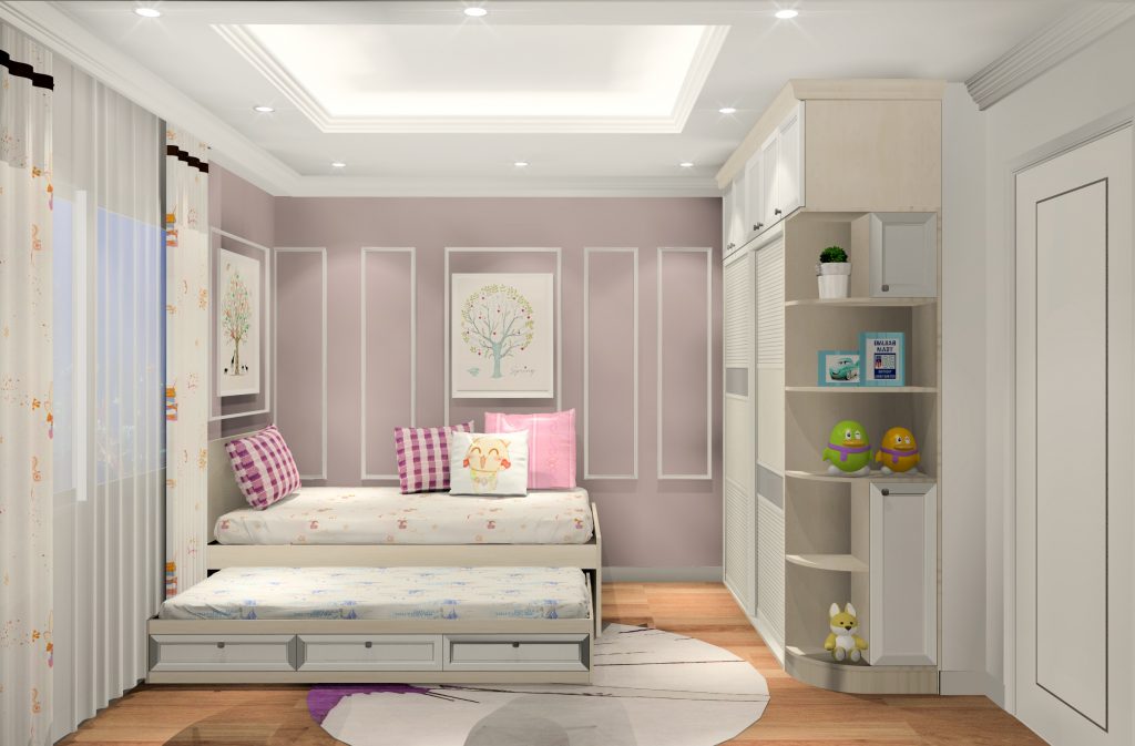 Mẫu thiết kế phòng ngủ cho con gái với bảng màu trung tính thanh lịch, nhẹ nhàng. Ga gối họa tiết, màu sắc tạo điểm nhấn sinh động.