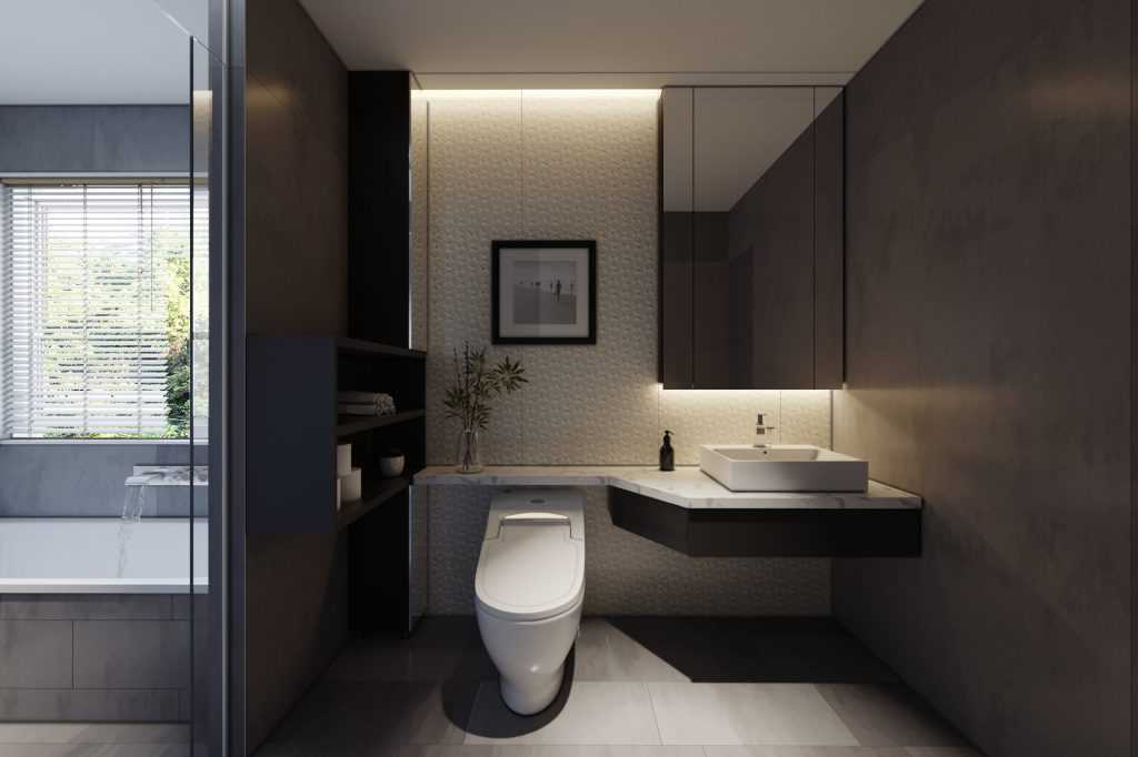 Trong nhà ống 3 tầng, phòng tắm - vệ sinh được phân tách rõ ràng bởi cửa kính trượt linh hoạt, vừa tiết kiệm diện tích, vừa giúp căn phòng thoáng sáng hơn.
