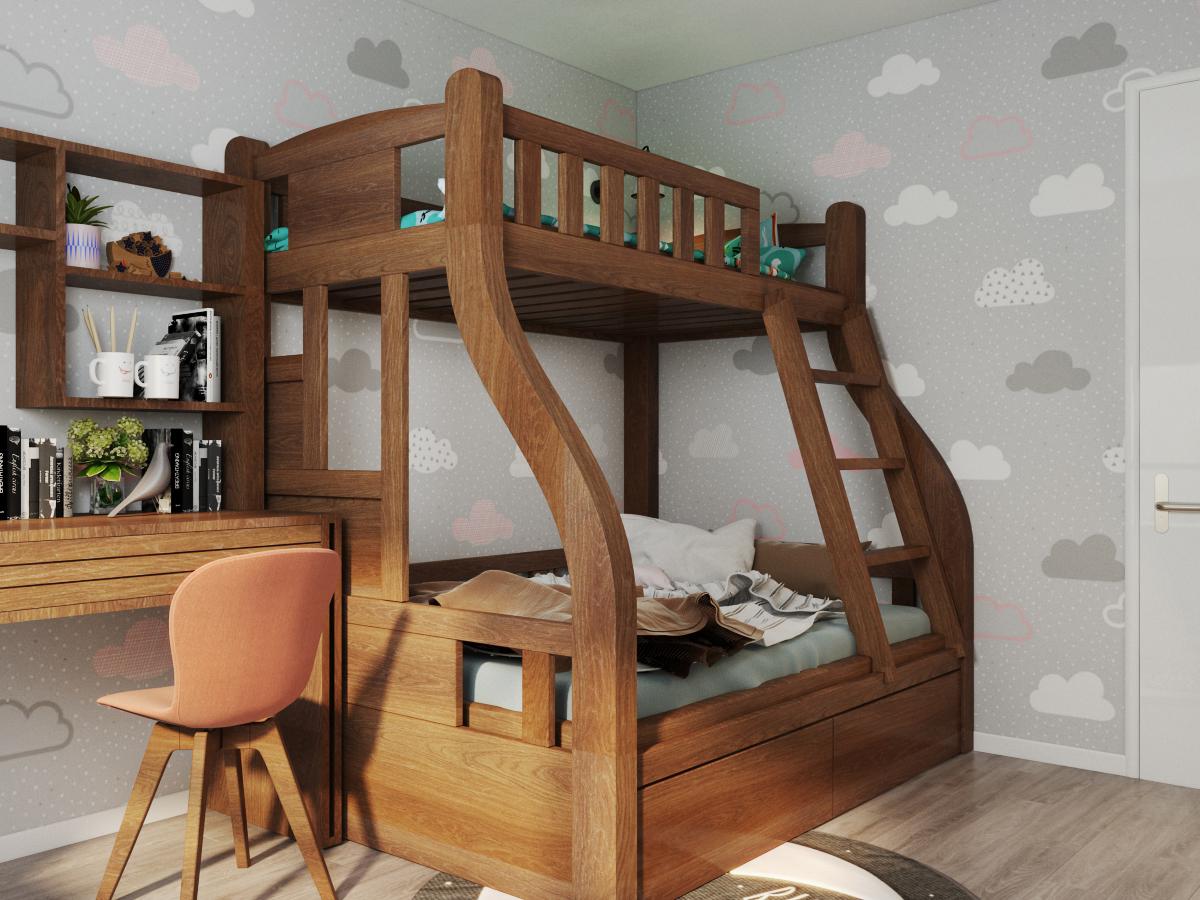Thiết kế phòng ngủ trẻ em thân thiện, an toàn với mẫu giường gỗ mộc mạc. Giấy dán tường họa tiết đám mây nhẹ nhàng phù hợp với độ tuổi của trẻ.