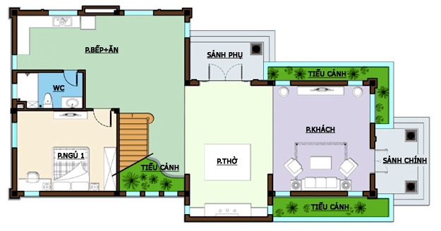 Mặt bằng công năng tầng 1 nhà vườn mái Thái