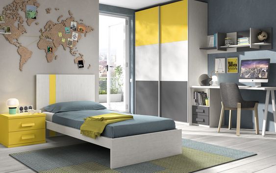Mẫu thiết kế nội thất phòng ngủ kết hợp góc học tập tiện ích dành cho con trai. Những điểm nhấn màu vàng mang đến sự trẻ trung, tươi mới cho căn phòng.