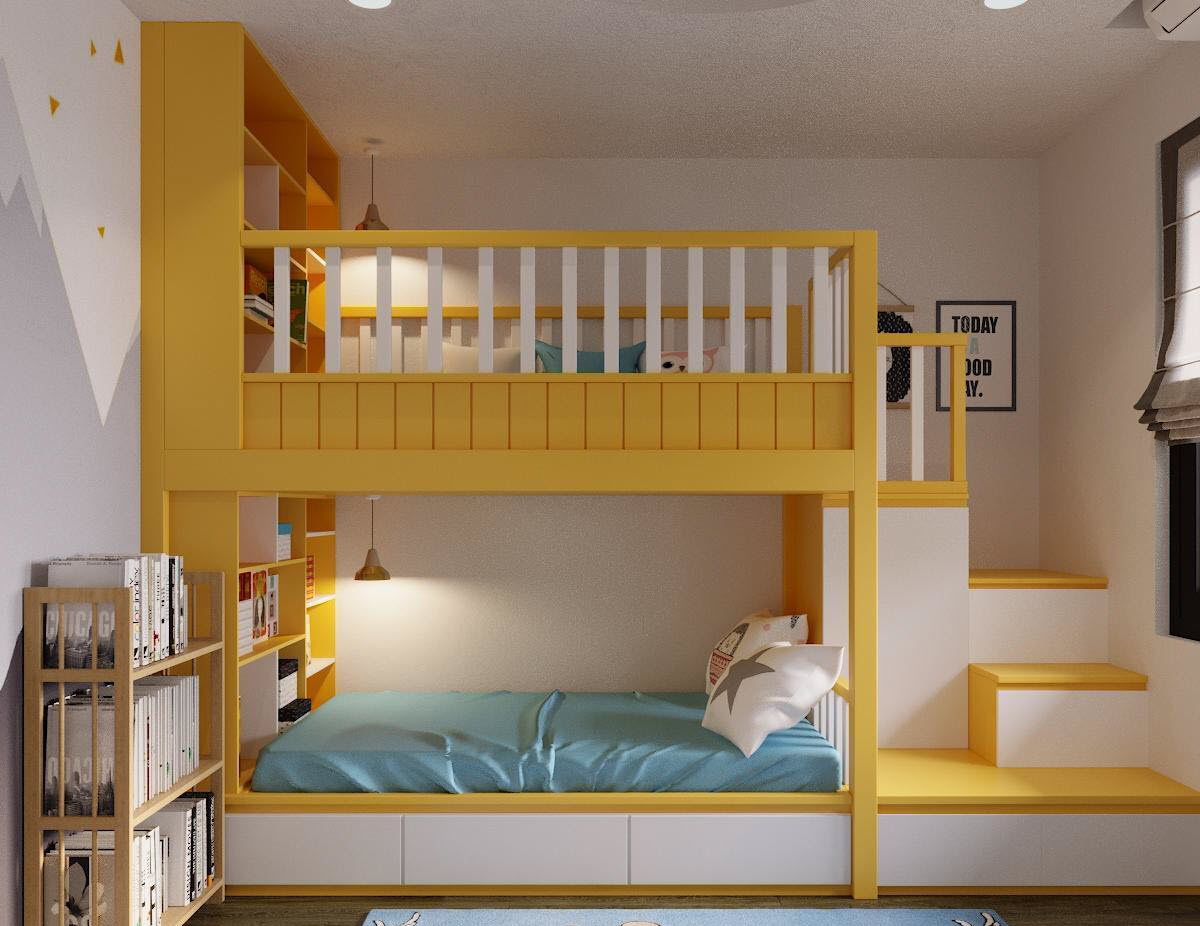 Phòng ngủ trẻ em tràn đầy năng lượng vui tươi với thiết kế giường tầng thông minh, tông màu vàng chanh sáng.