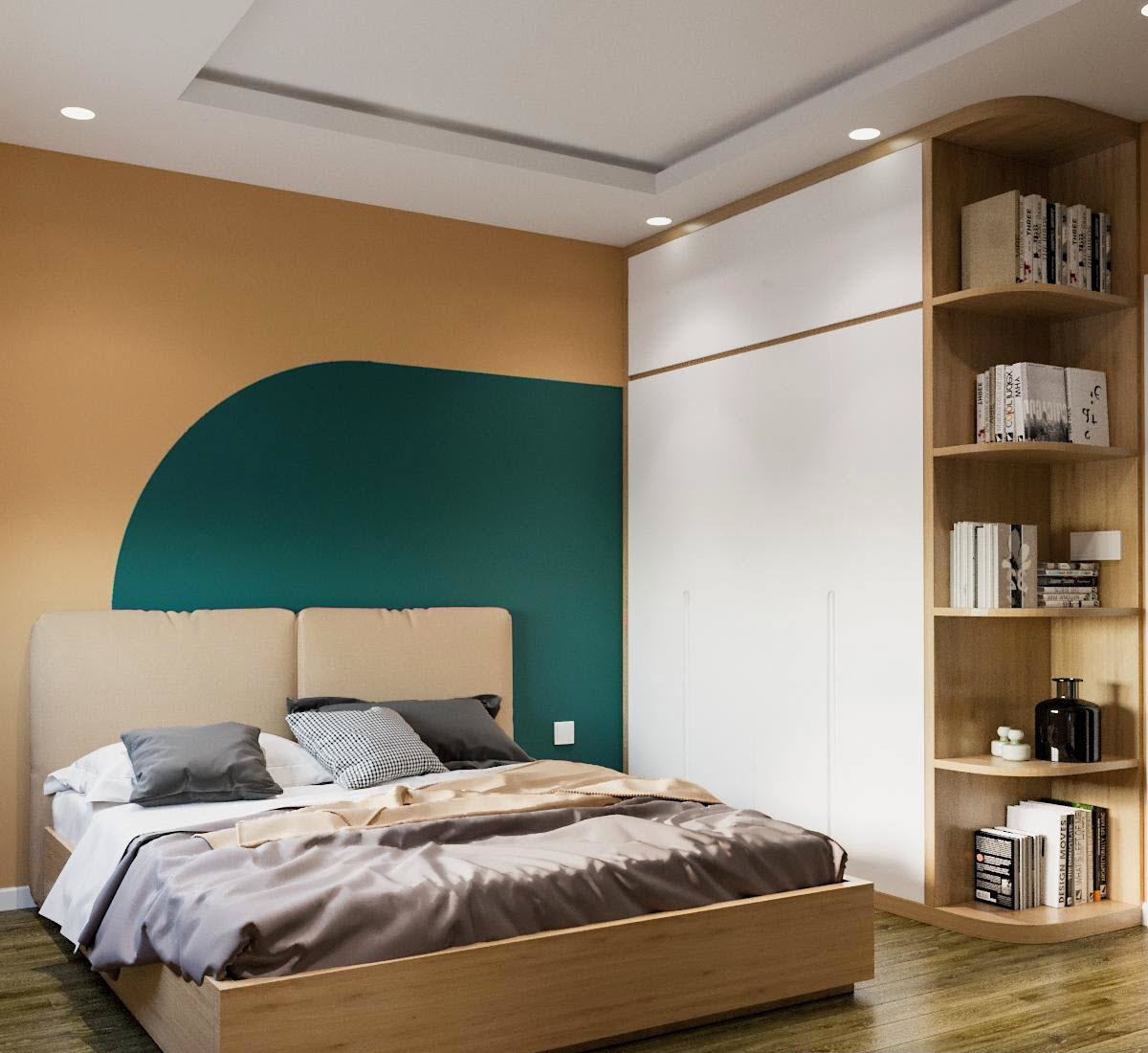 Trong phòng ngủ master, tủ quần áo cao kịch trần kết hợp giá sách cung cấp không gian lưu trữ thoải mái. Sự kết hợp ăn ý của hai màu sơn xanh - cam đầu giường tạo điểm nhấn xinh yêu cho không gian ngủ nghỉ.