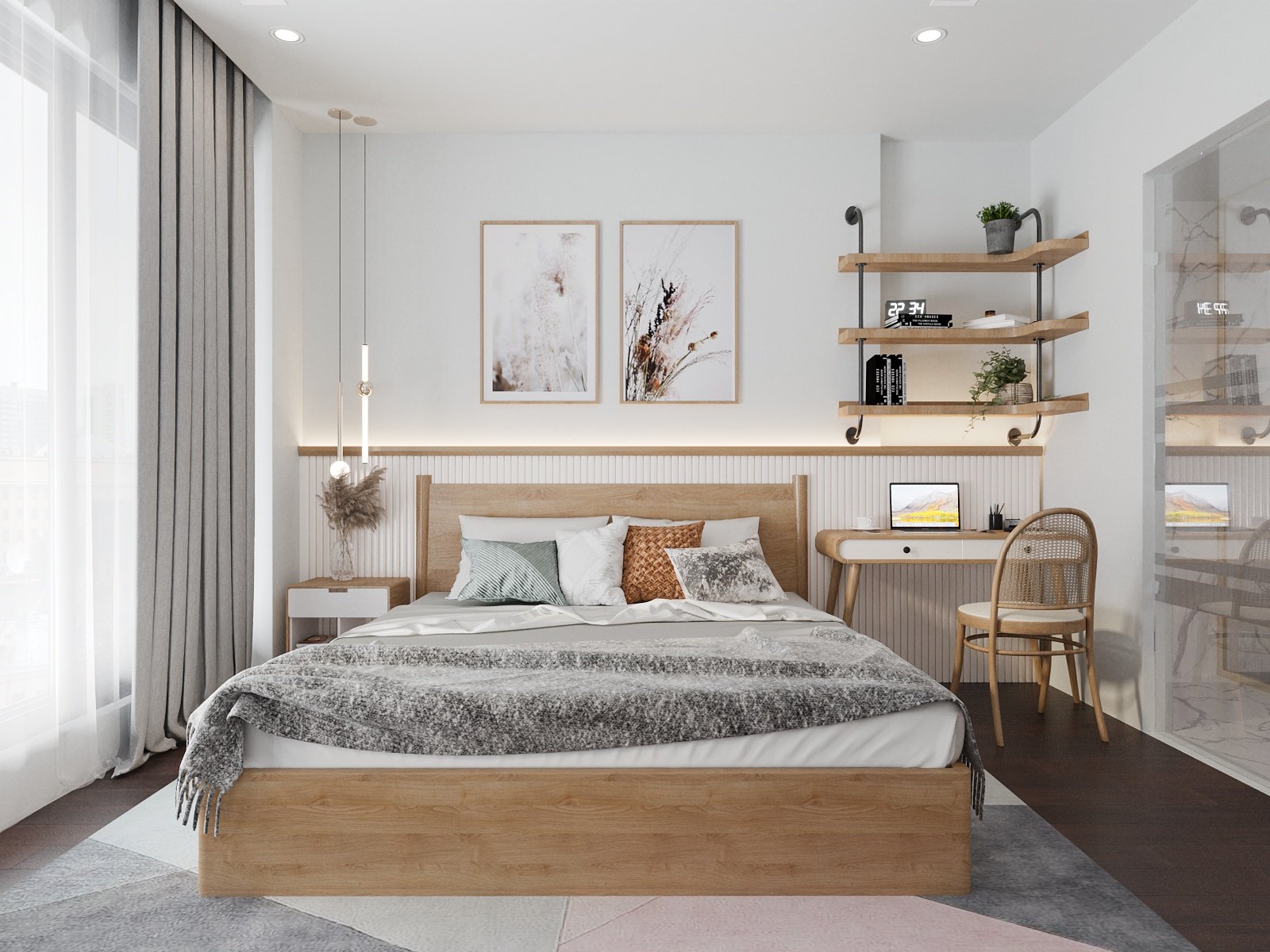 Phòng ngủ thứ hai trong căn Duplex được thiết kế theo phong cách hiện đại nhẹ nhàng, sử dụng tông màu trắng và nội thất gỗ chủ đạo.