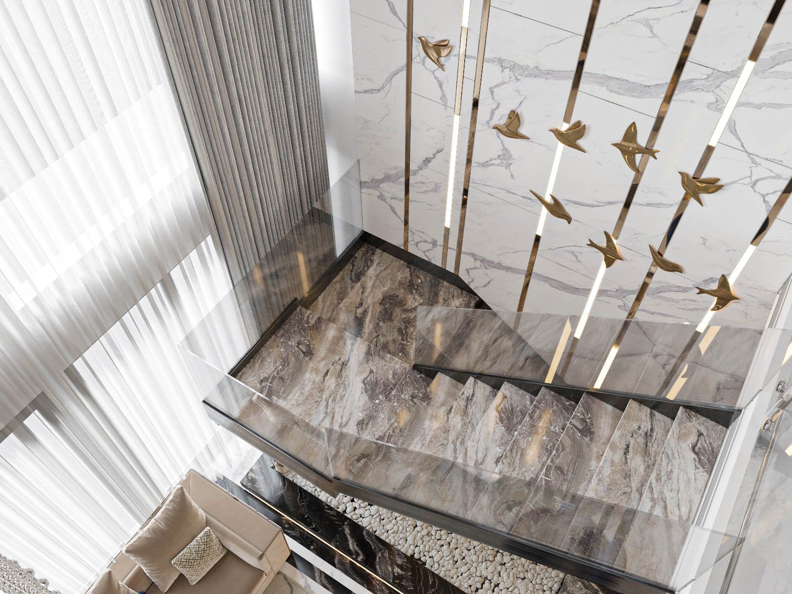 Cầu thang dẫn lối lên tầng trên căn hộ Duplex được decor ấn tượng với hình ảnh đàn én chao lượn, sải cánh tràn đầy sức sống