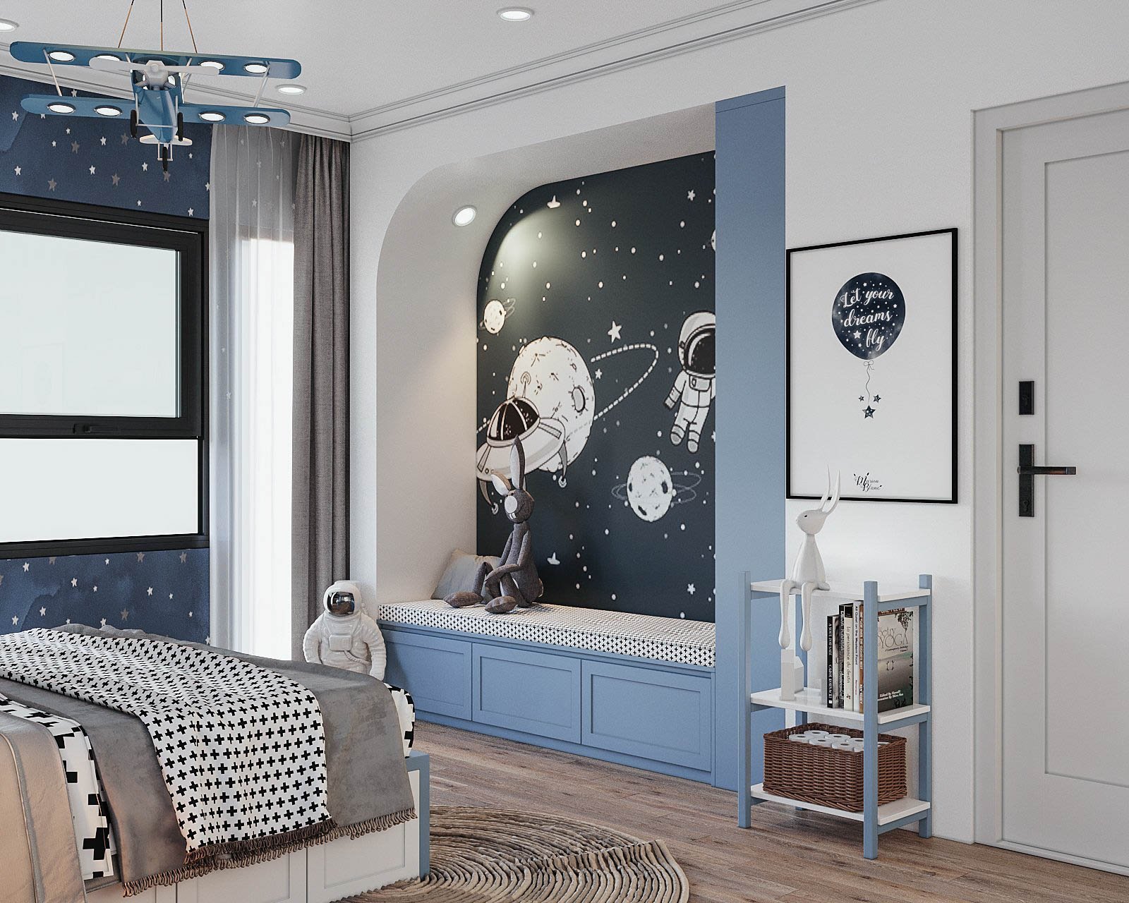 Kiến trúc sư chọn chủ đề trang trí phòng ngủ theo sở thích của trẻ về vũ trụ, không gian.