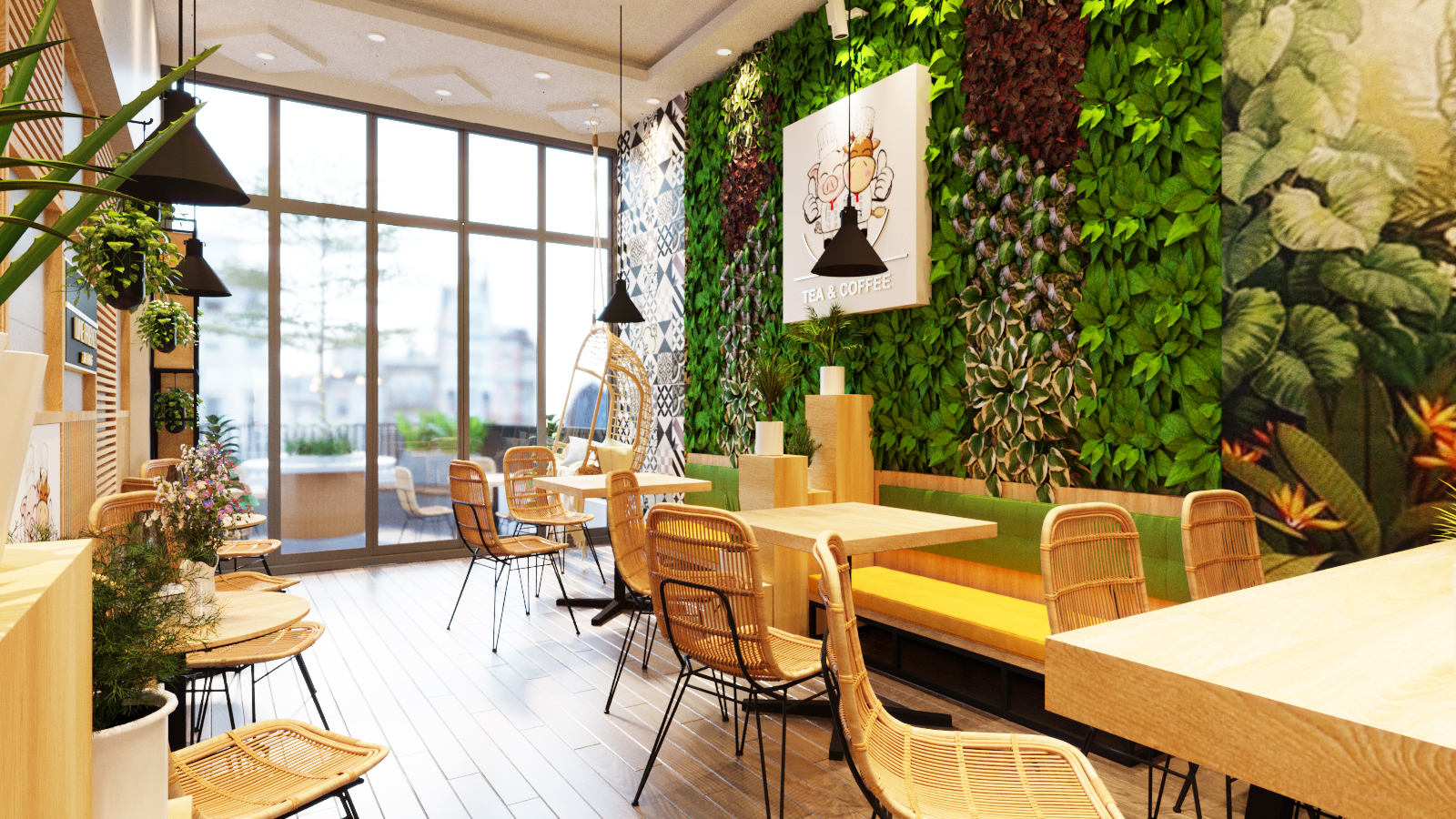 hình ảnh không gian quán cà phê với tường kính trong suốt, decor vườn treo tường, bàn ghế gỗ kiểu dáng hiện đại