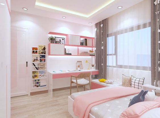 Phòng ngủ con gái với bảng màu hồng - trắng kết hợp ăn ý mang đến vẻ đẹp lãng mạn, nữ tính cho không gian ngủ nghỉ.