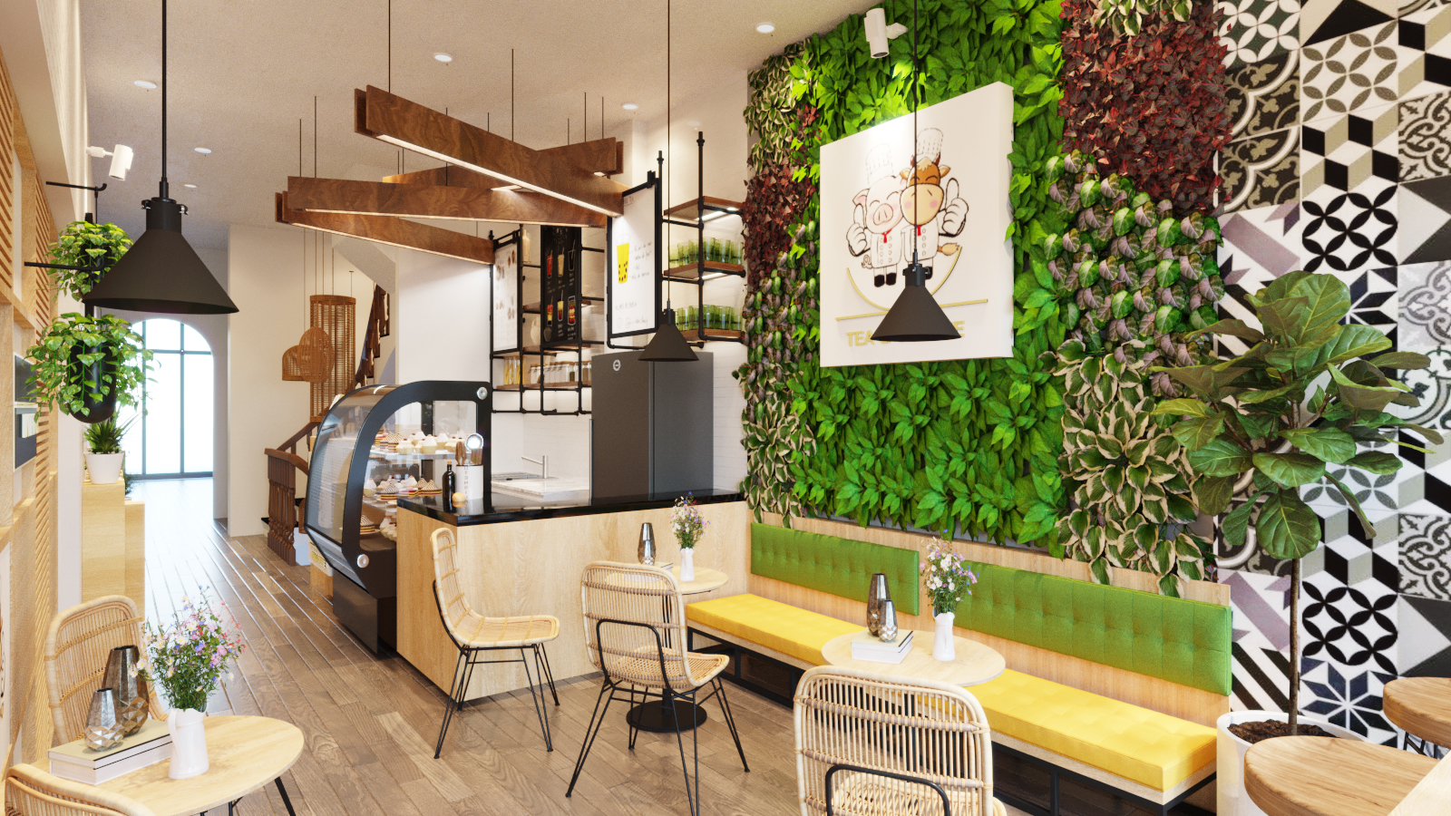 không gian quán cà phê với vườn treo tường màu xanh lá cây