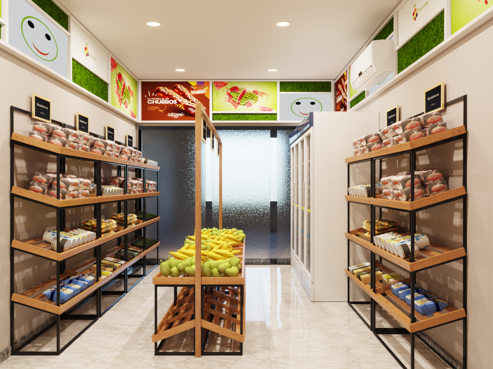 không gian bên trong siêu thị bán đồ ăn, thực phẩm, hoa quả sạch