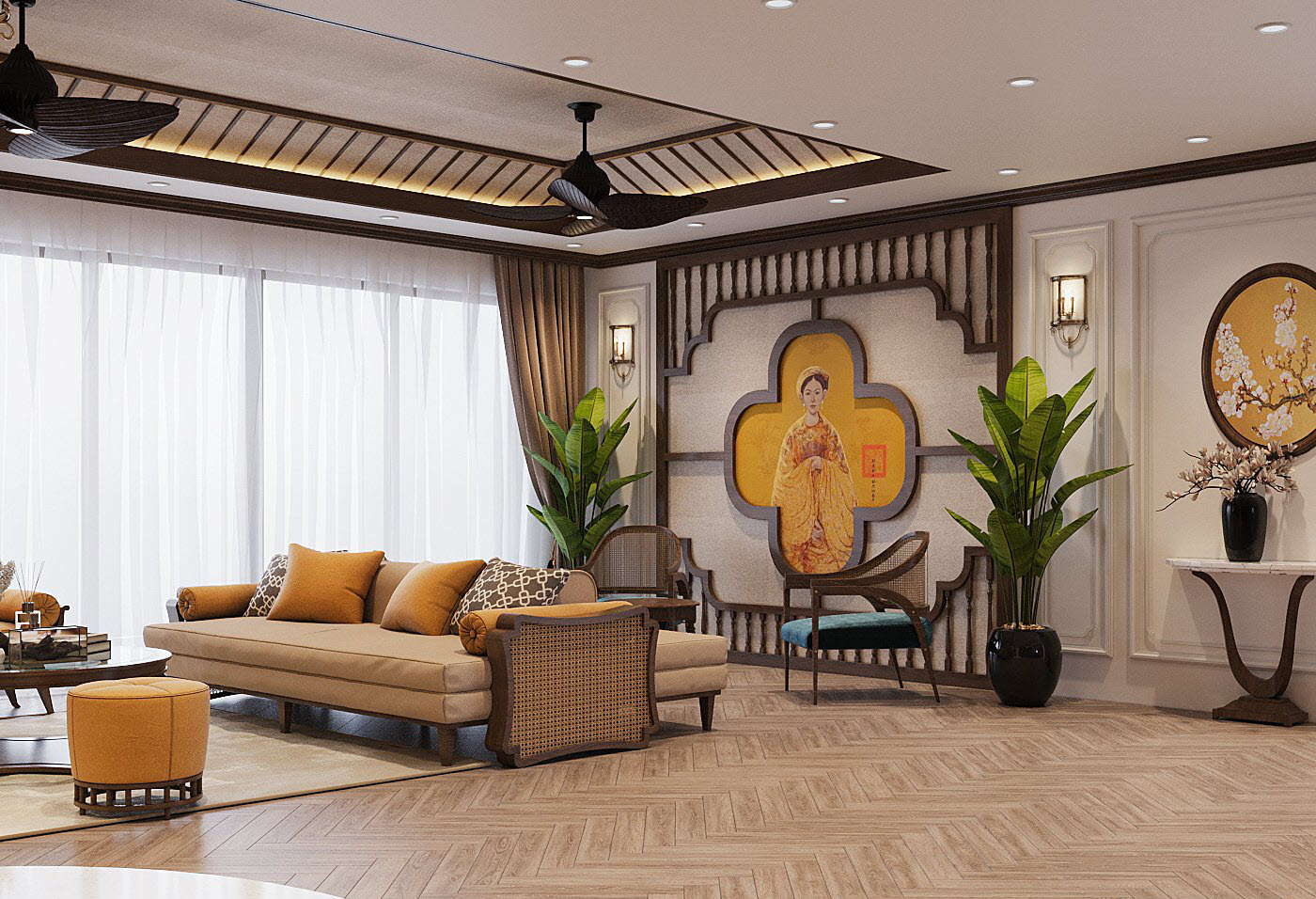 Thiết kế trần thạch cao kết hợp chất liệu gỗ sẫm màu mang lại cảm giác cao thoáng hơn cho căn phòng. Những chậu cảnh xanh tươi tạo bầu không khí vui tươi, mát mẻ.