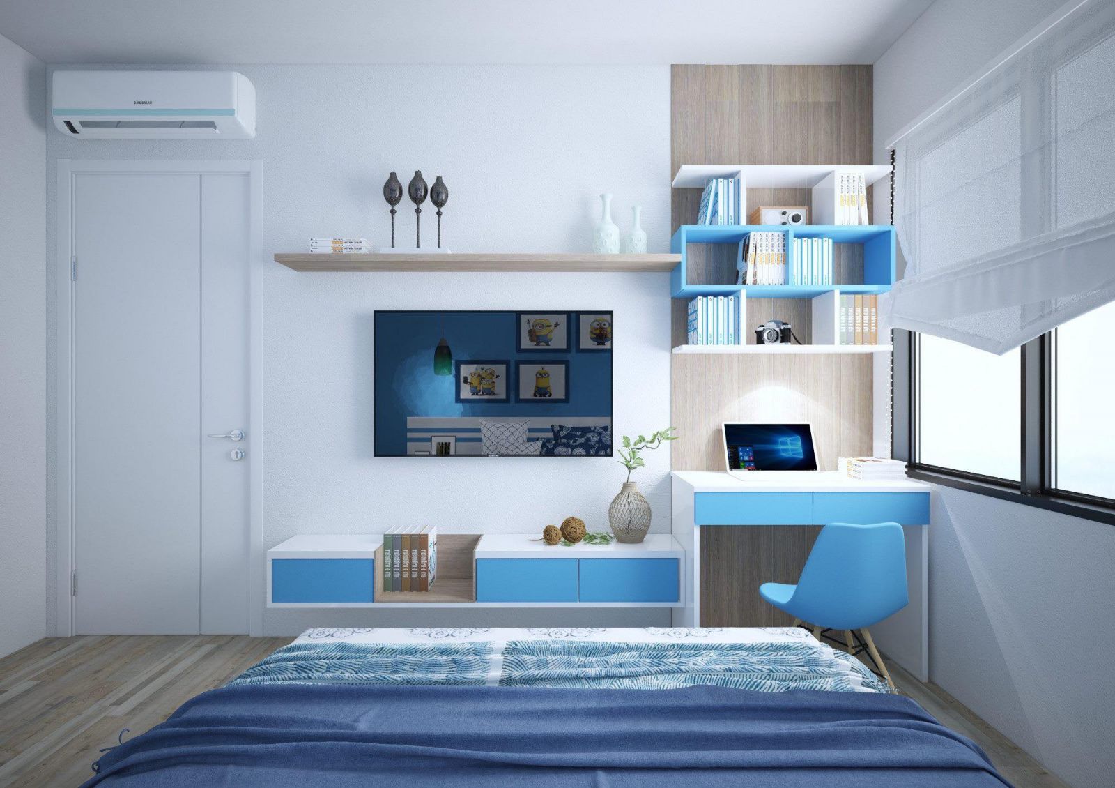 Thiết kế nội thất phòng ngủ con trai phong cách hiện đại tối giản. Sắc trắng - xanh dương kết hợp hài hòa, mang lại vẻ trẻ trung, năng động.